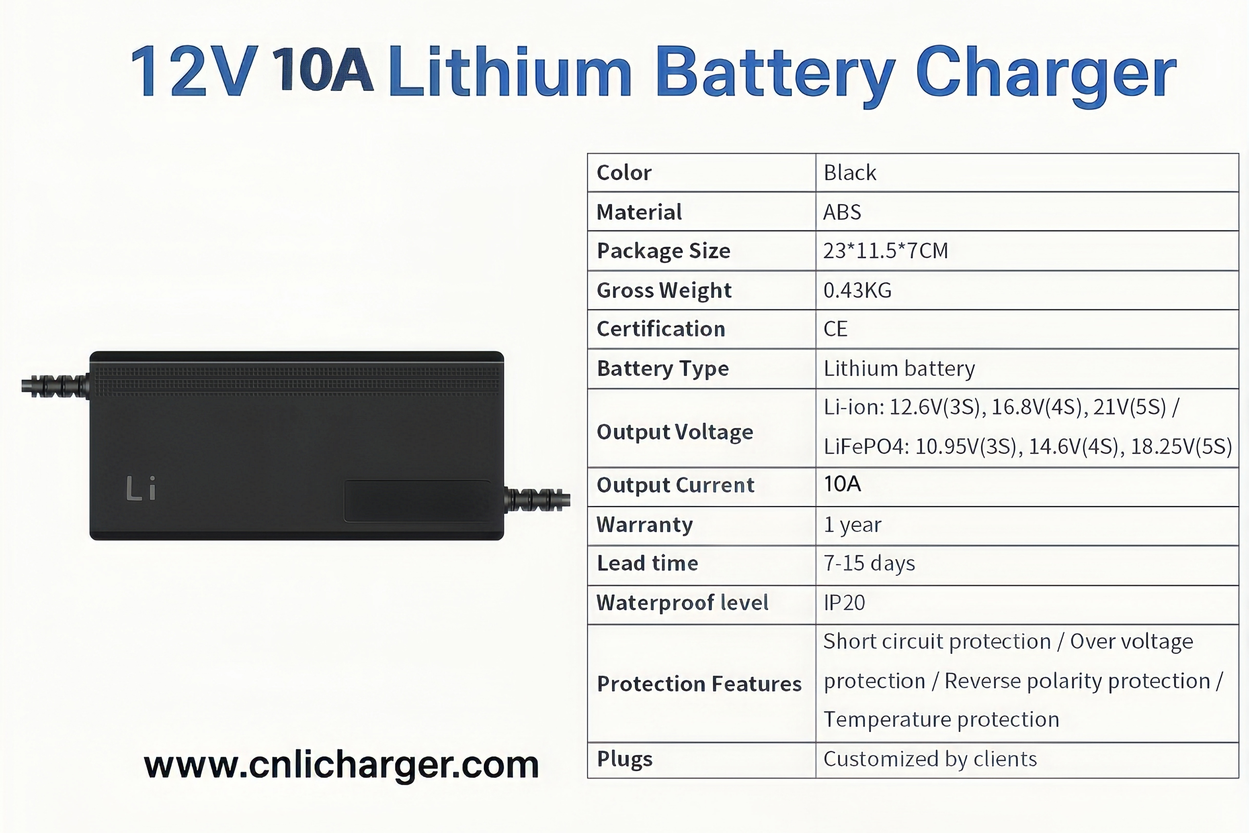 12V 10A Lithium Battery Charger Specification Parameters | CNLI Charger