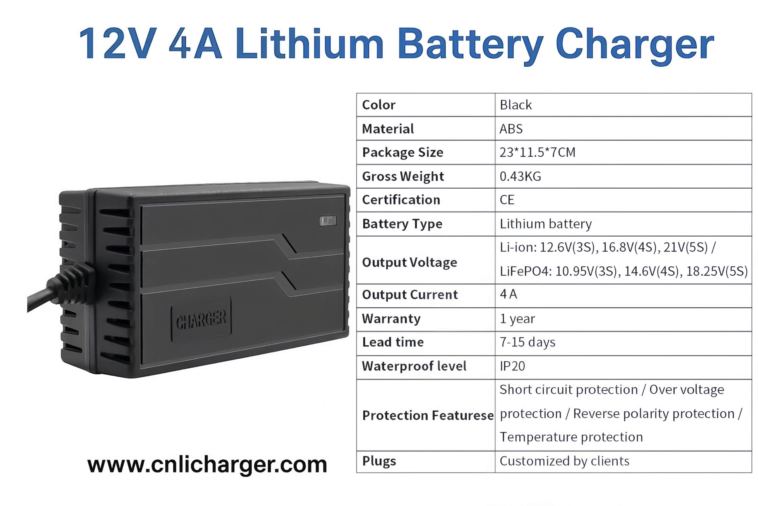 12V 4A Lithium Battery Charger Specification Parameters | CNLI Charger