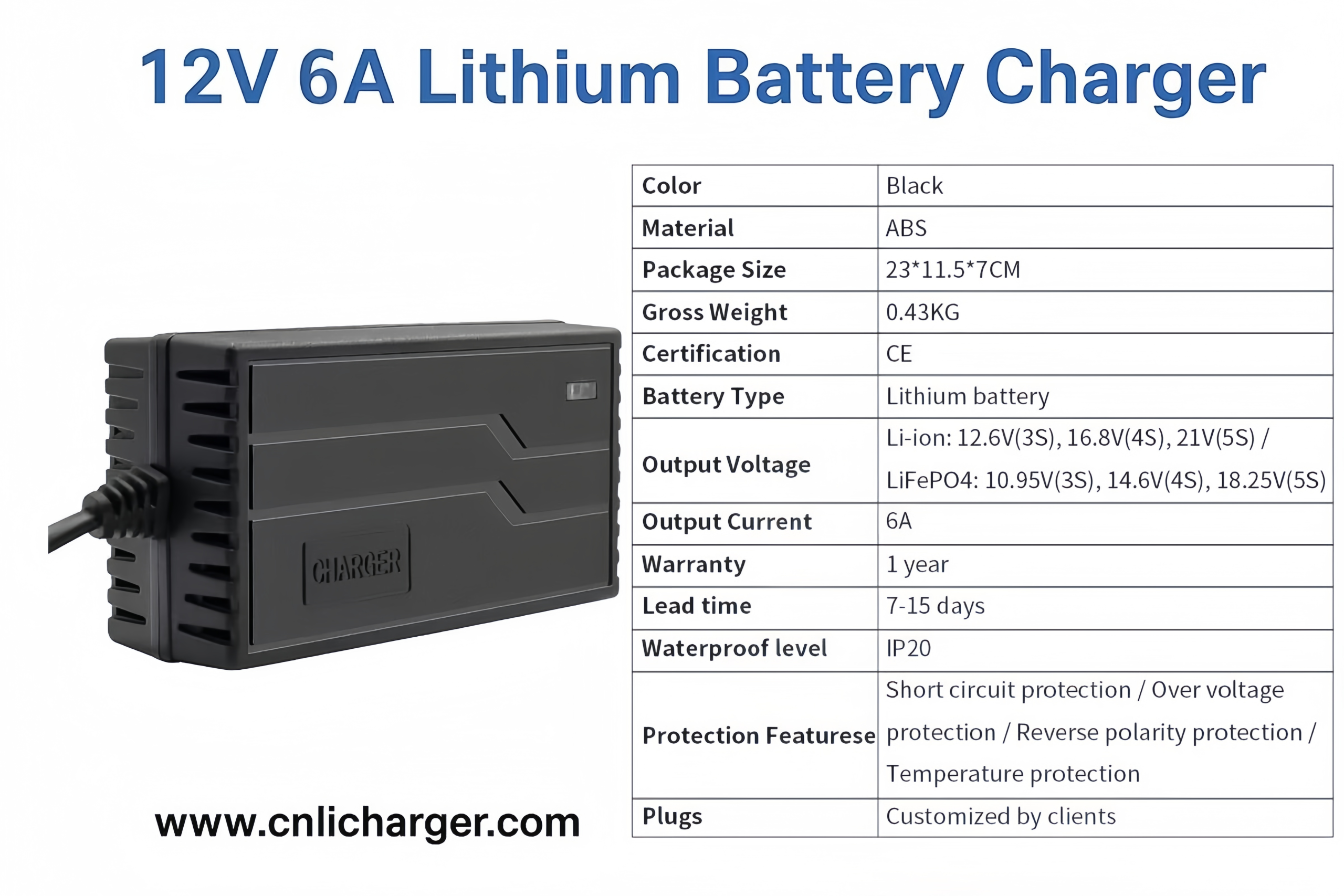 12V 6A Lithium Battery Charger Specification Parameters | CNLI Charger