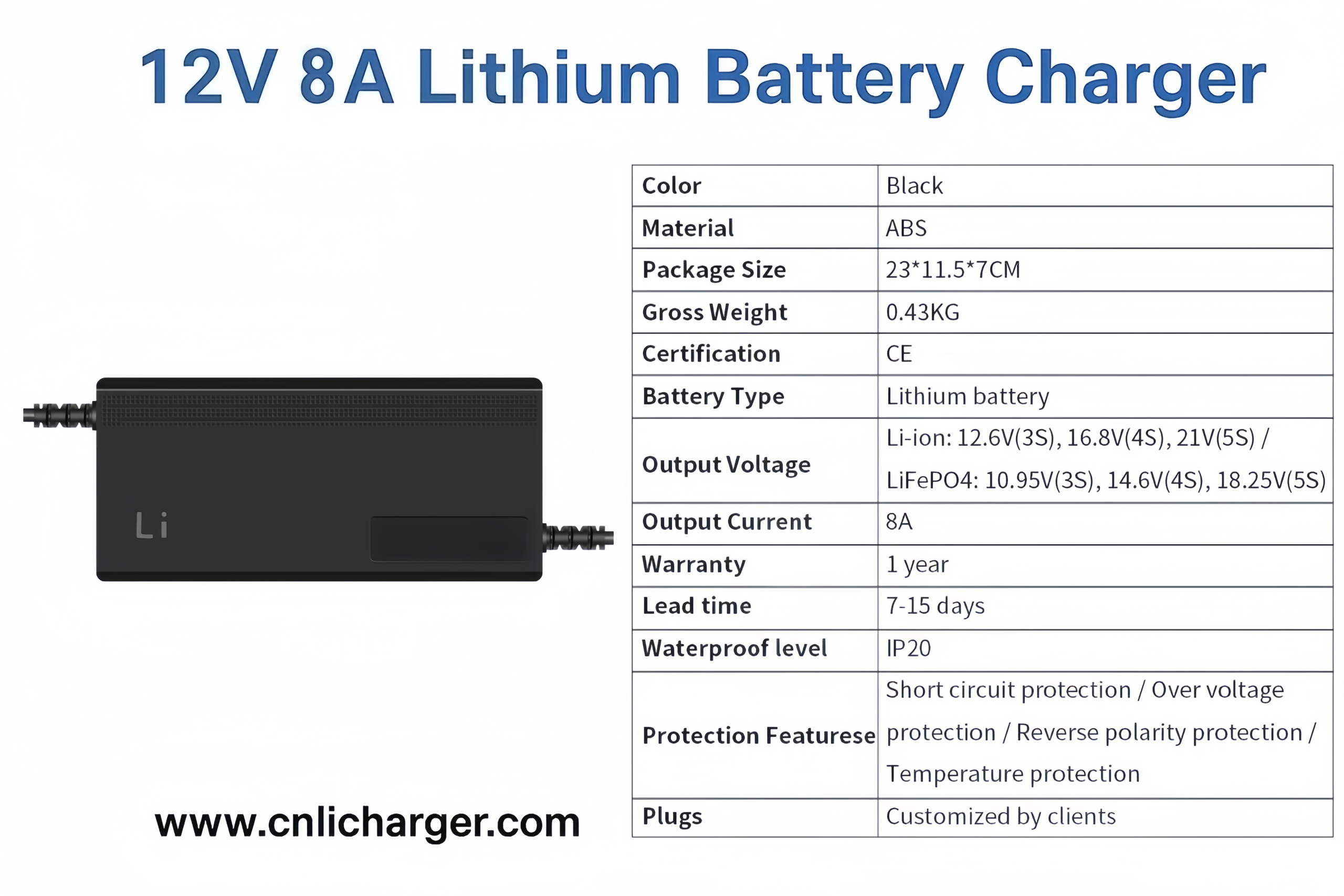 12V 8A Lithium Battery Charger Specification Parameters | CNLI Charger