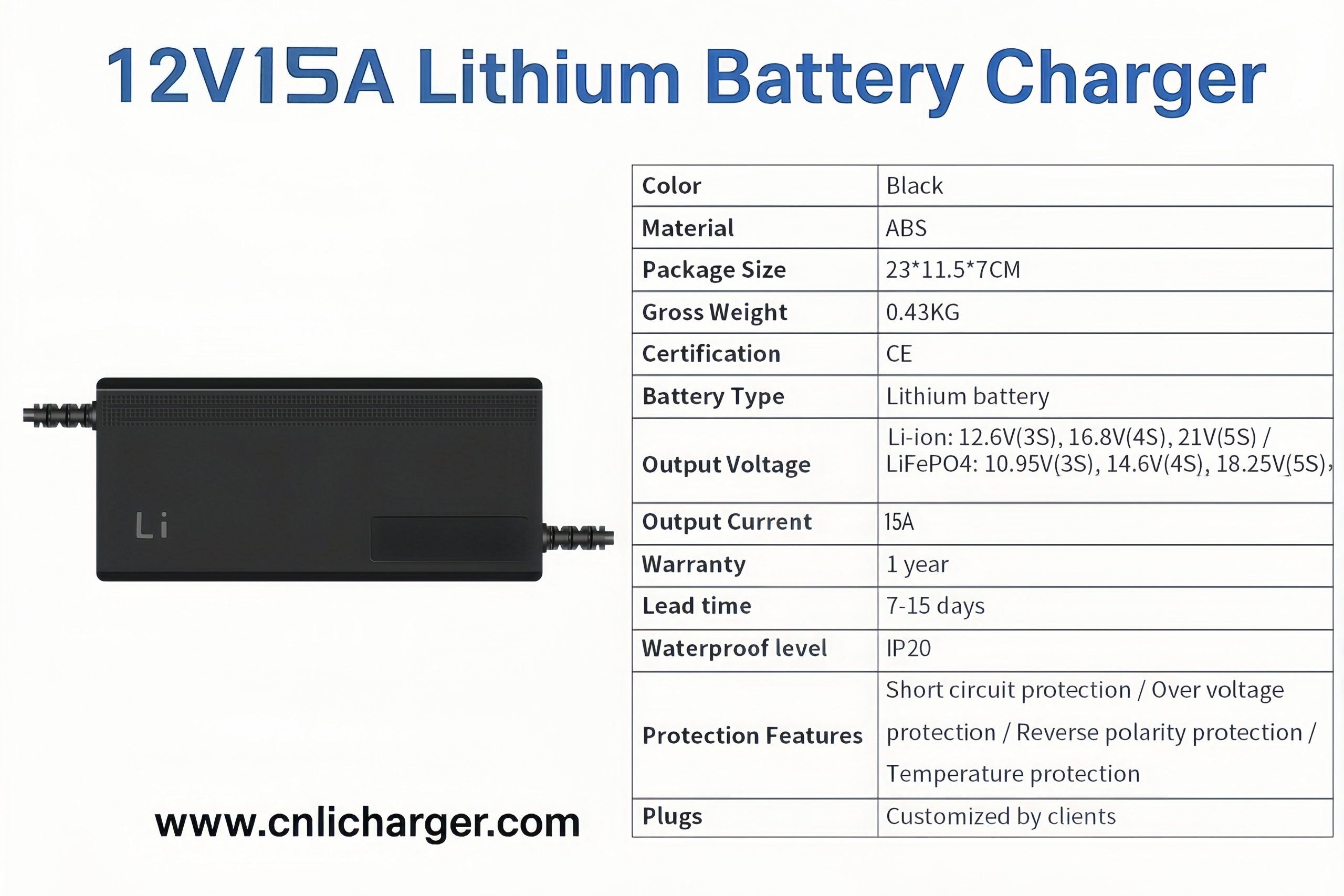 12V 15A Lithium Battery Charger Specification Parameters | CNLI Charger