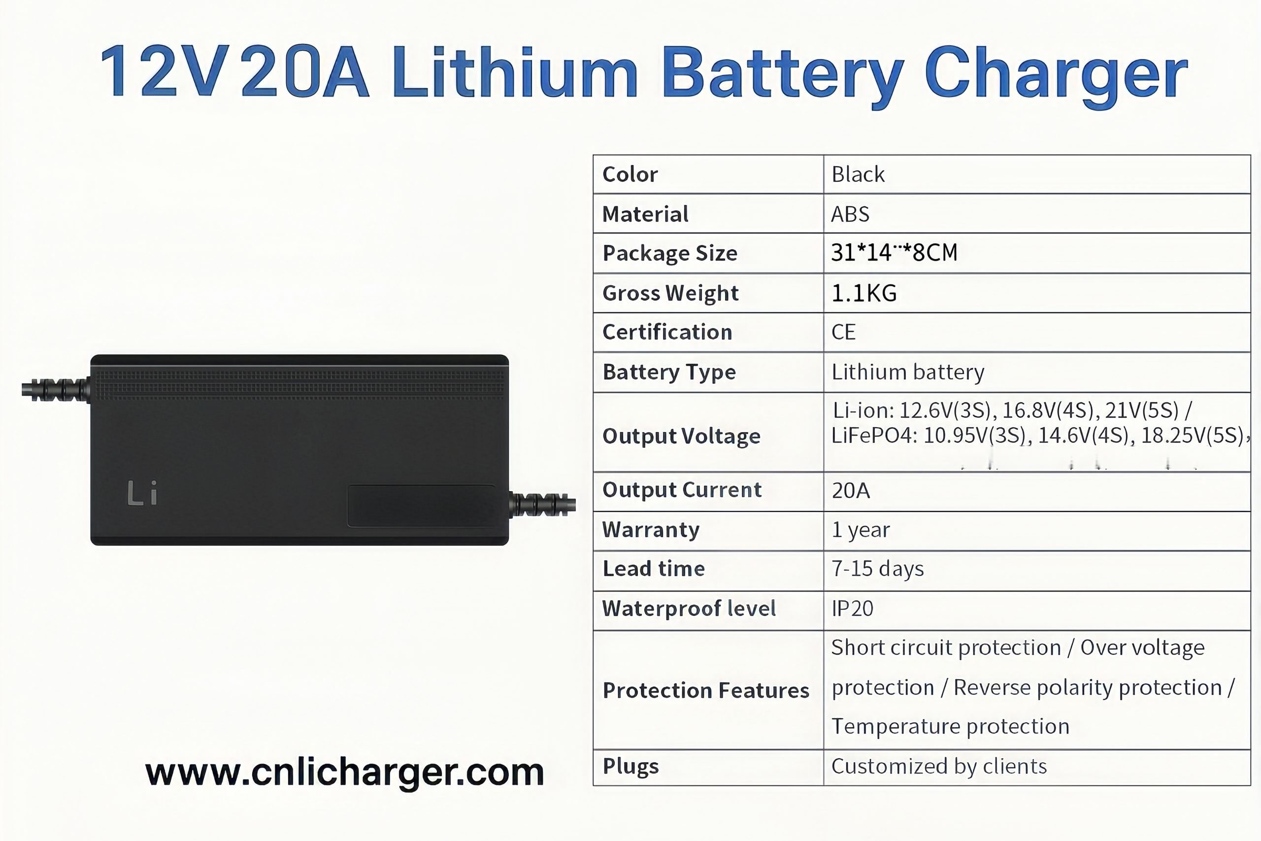 12V 20A Lithium Battery Charger Specification Parameters | CNLI Charger