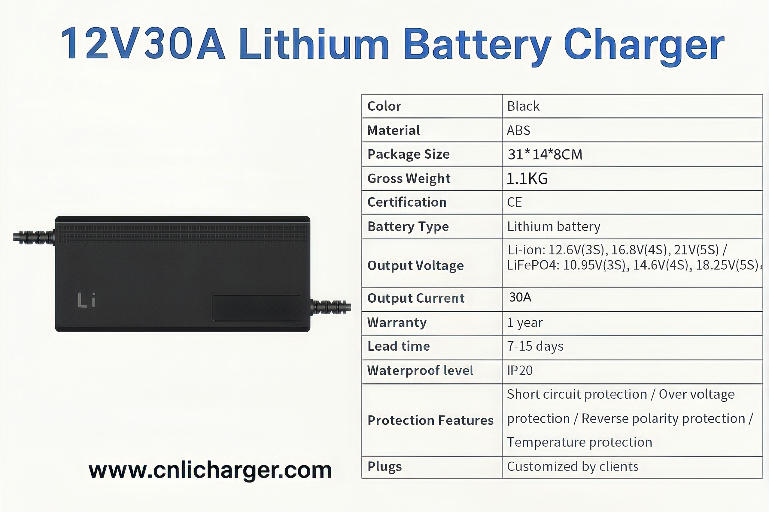 12V 30A Lithium Battery Charger Specification Parameters | CNLI Charger