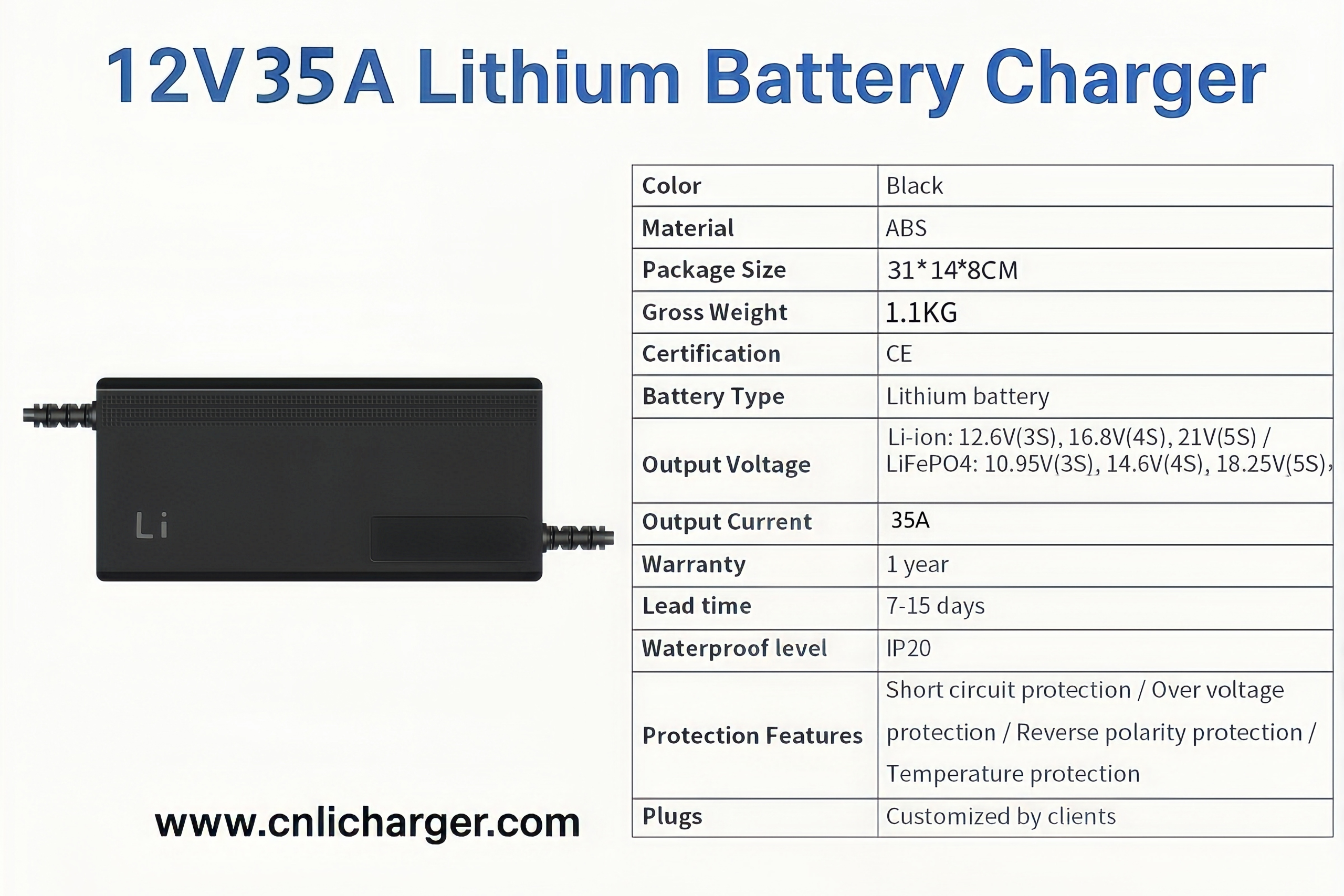 12V 35A Lithium Battery Charger Specification Parameters | CNLI Charger