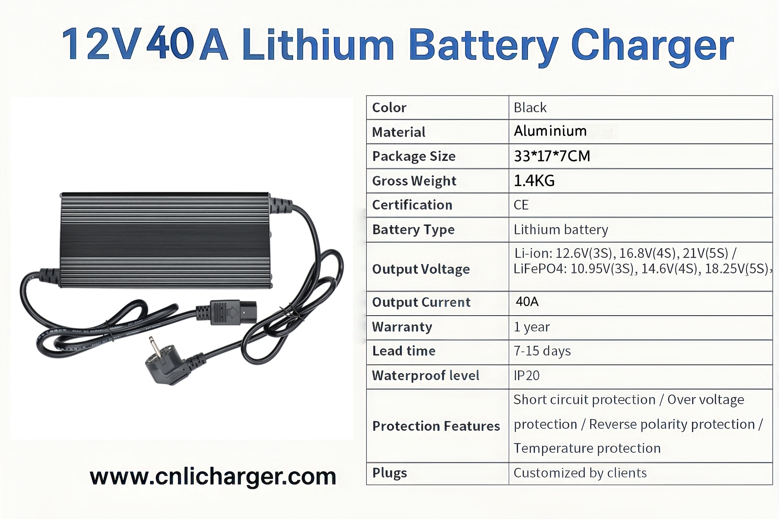 12V 40A Lithium Battery Charger Specification Parameters | CNLI Charger
