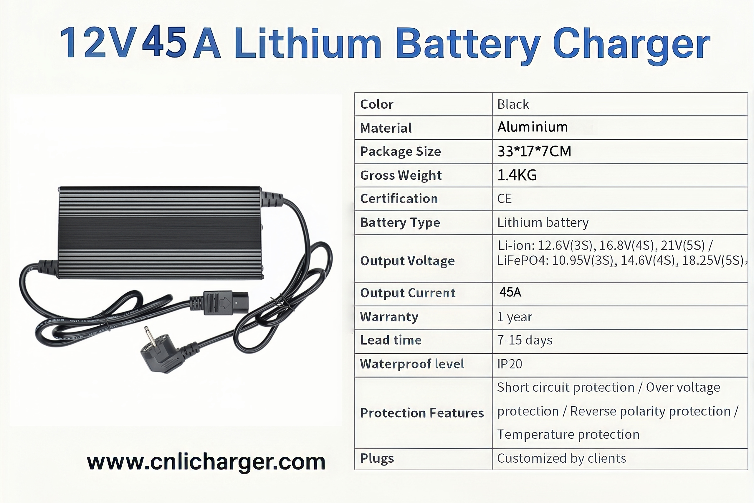 12V 45A Lithium Battery Charger Specification Parameters | CNLI Charger