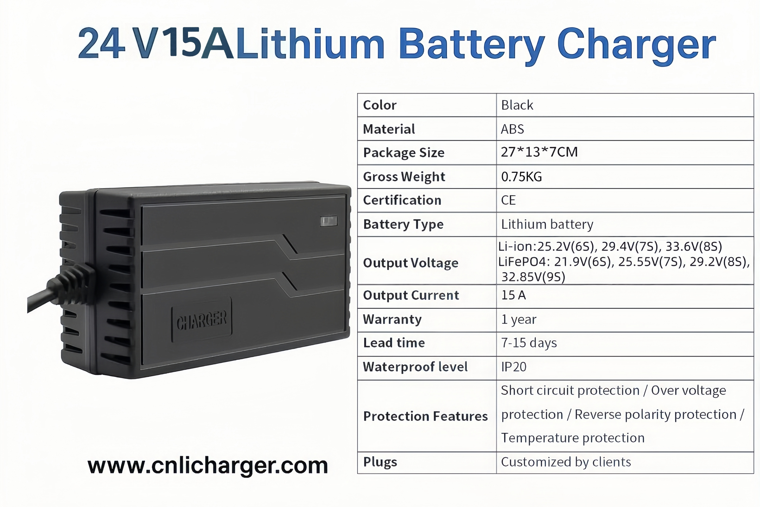 24V 15A Lithium Battery Charger Specification Parameters | CNLI Charger