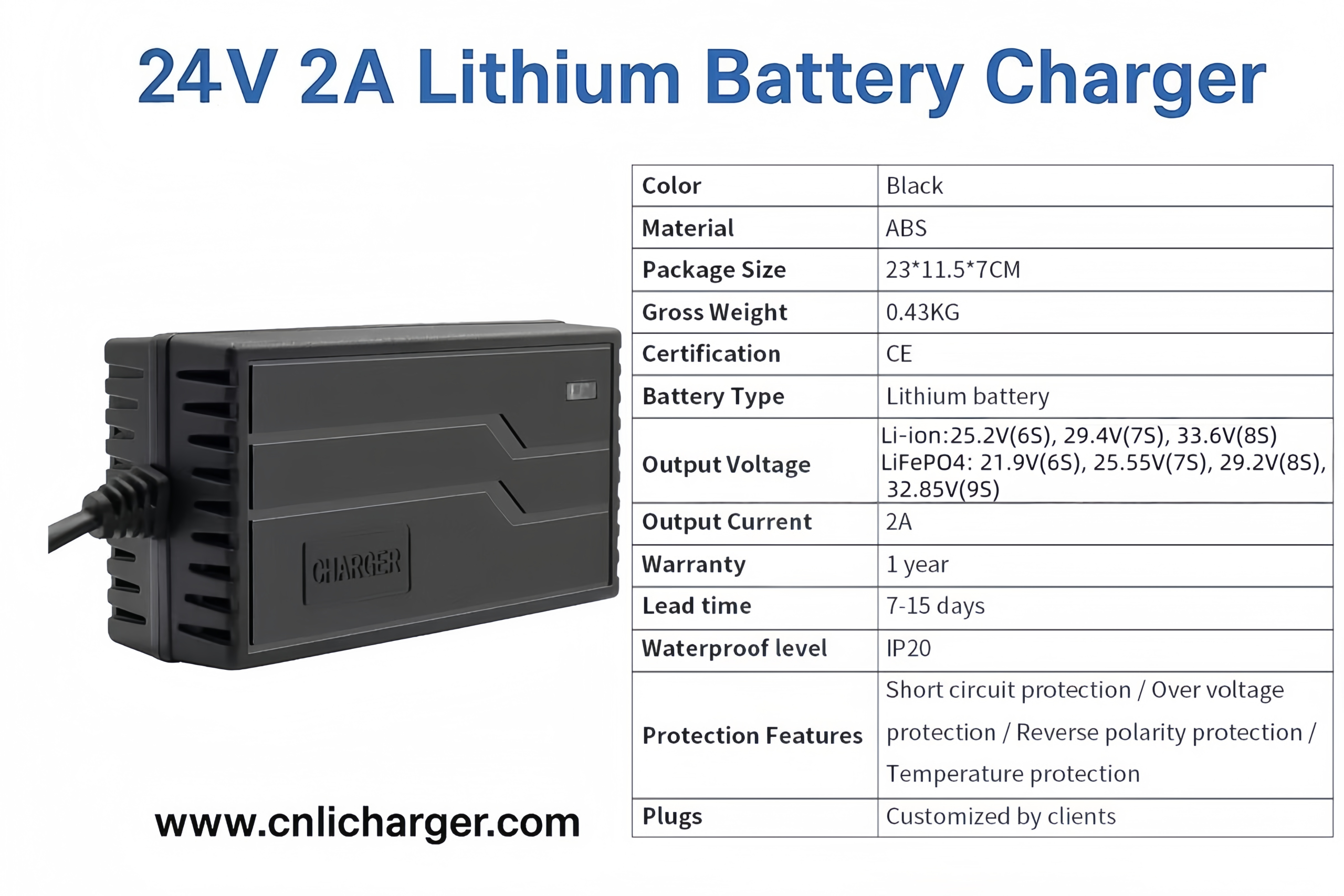 24V 2A Lithium Battery Charger Specification Parameters | CNLI Charger