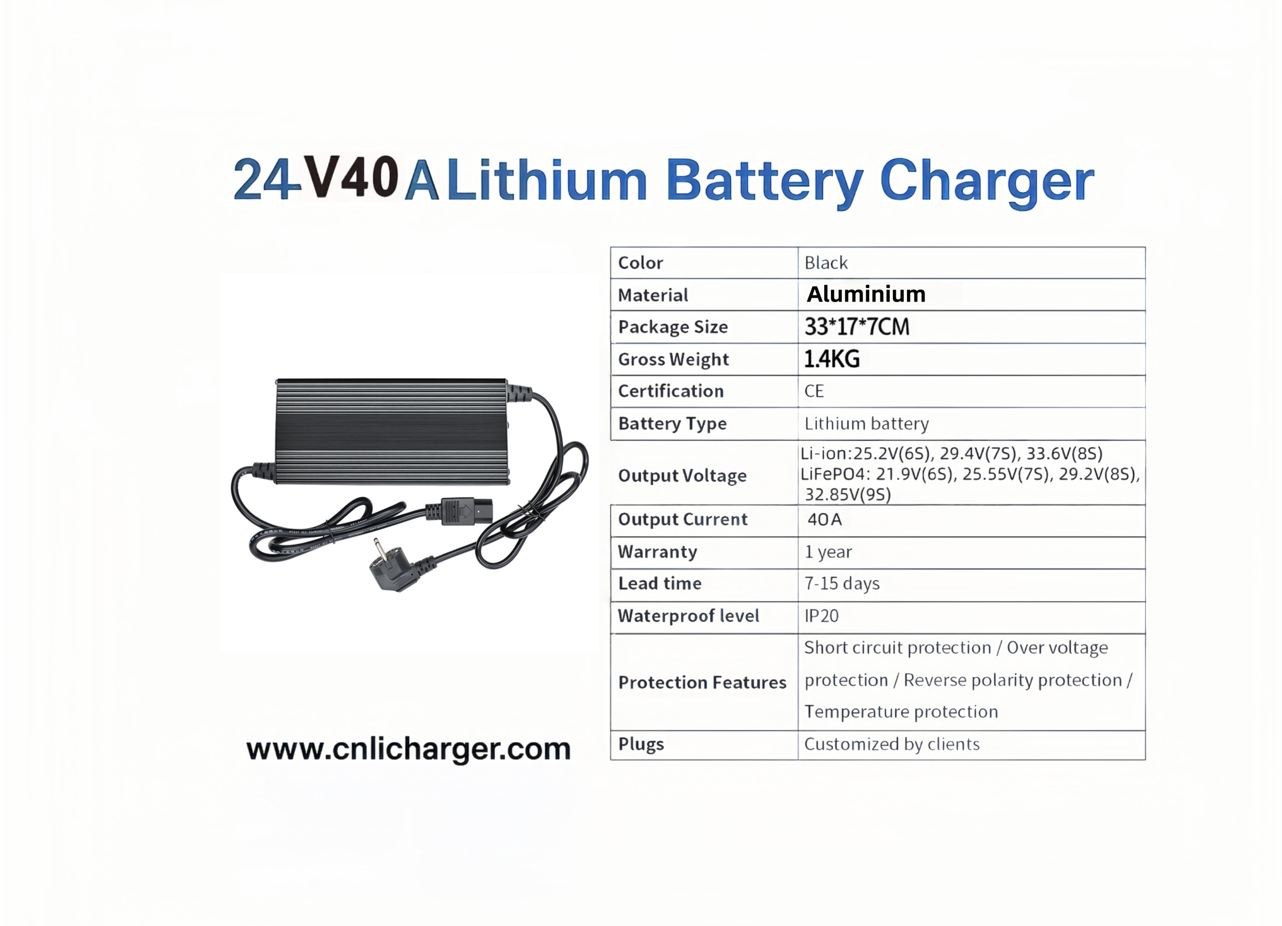 24V 40A Lithium Battery Charger Specification Parameters | CNLI Charger