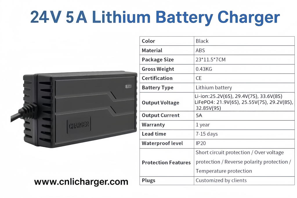 24V 5A Lithium Battery Charger Specification Parameters | CNLI Charger