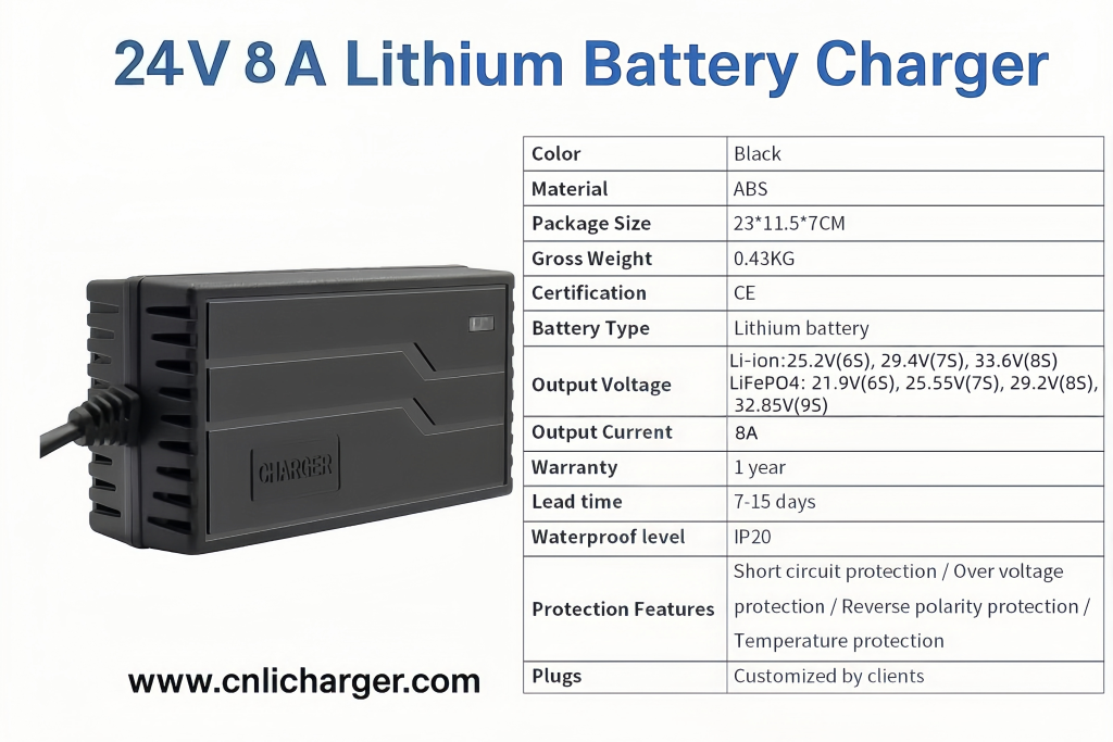 24V 8A Lithium Battery Charger Specification Parameters | CNLI Charger