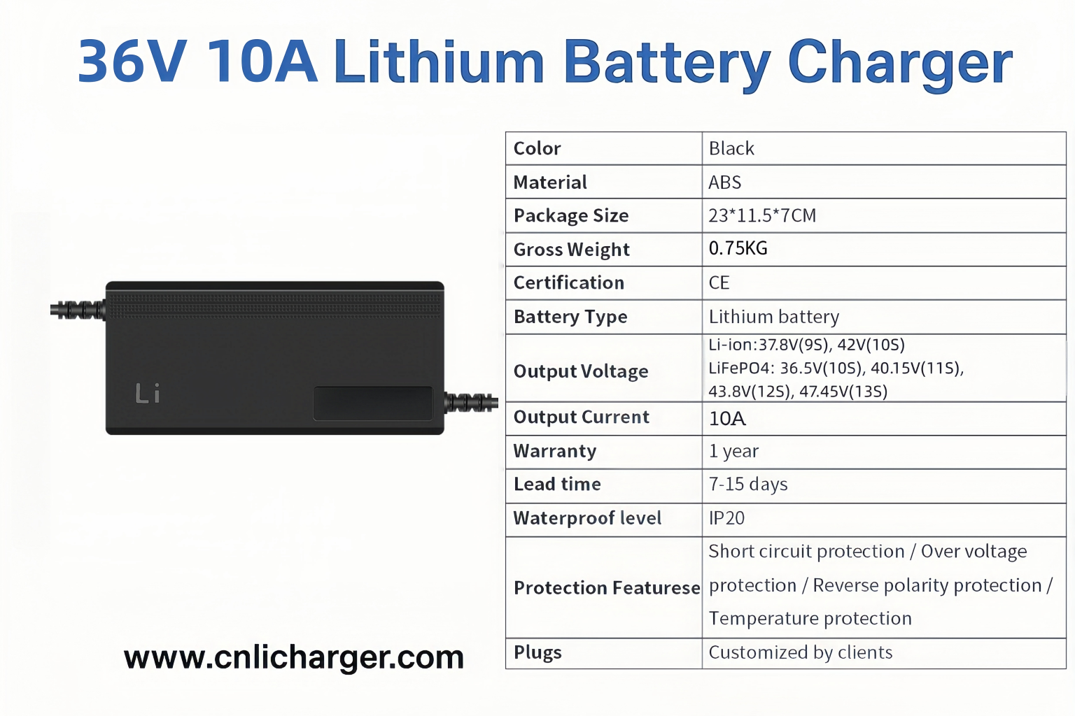 36V 10A lithium battery charger