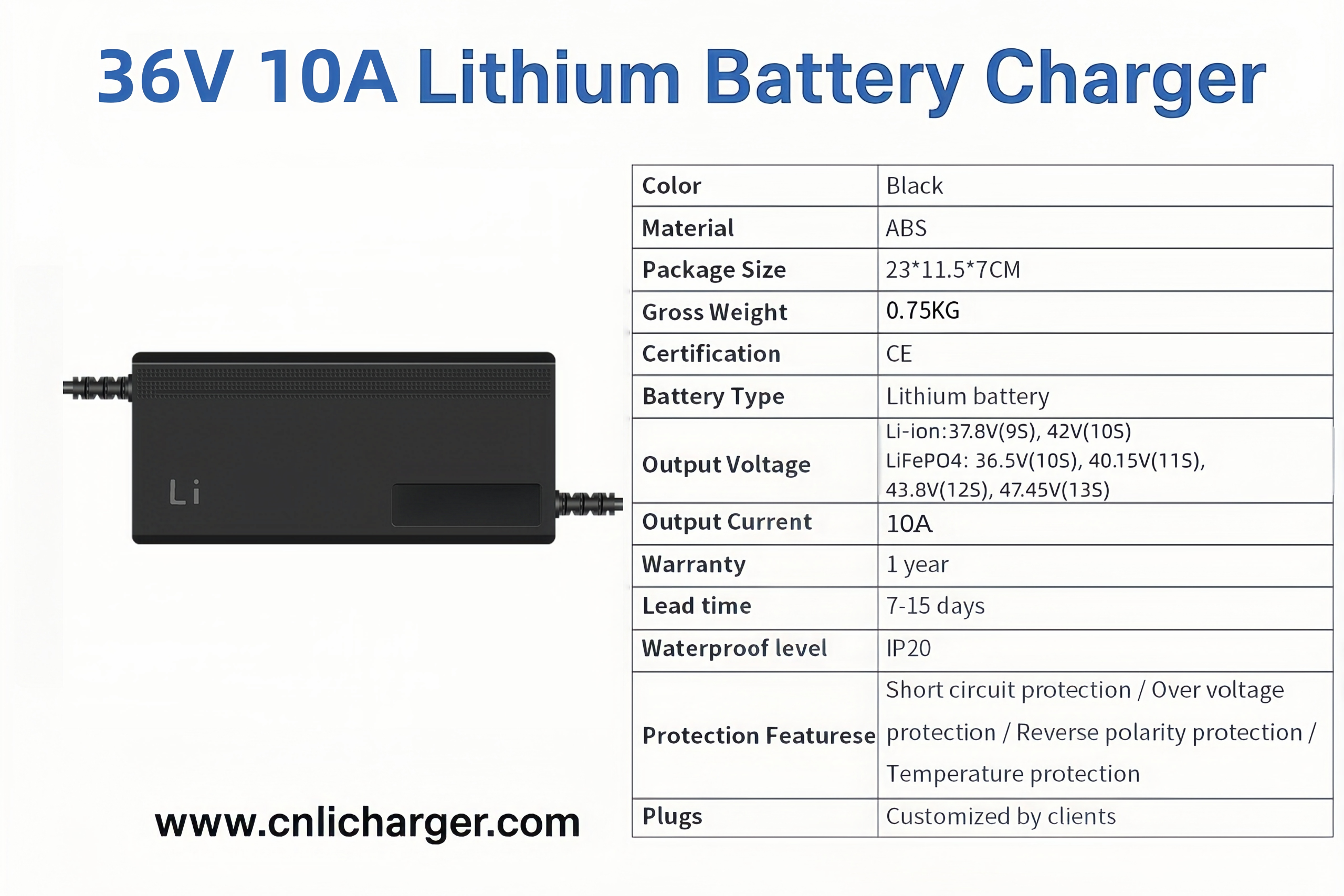 36V 10A Lithium Battery Charger Specification Parameters | CNLI Charger