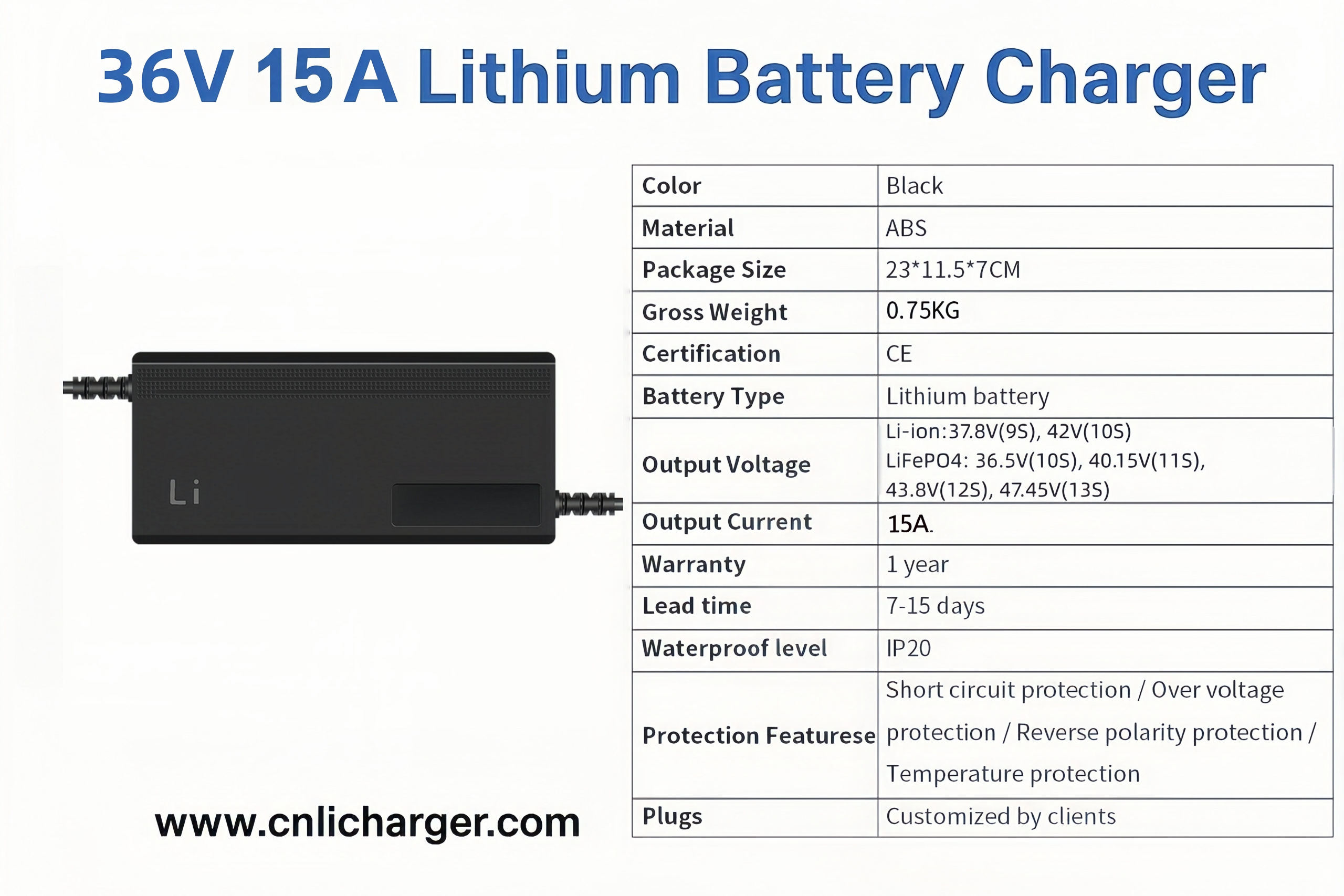 36V 15A Lithium Battery Charger Specification Parameters | CNLI Charger
