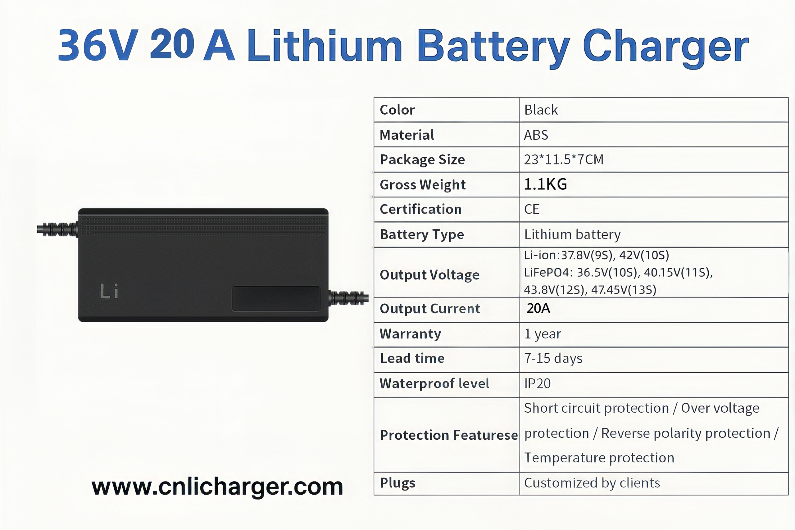 36V 20A Lithium Battery Charger Specification Parameters | CNLI Charger