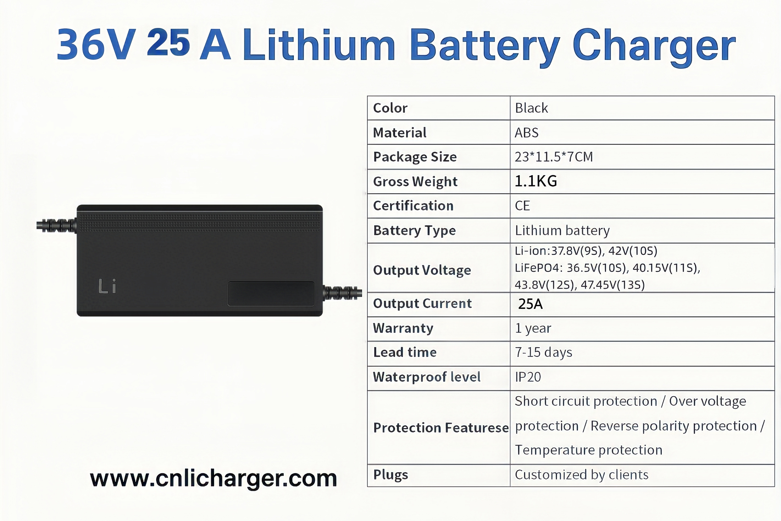 36V 25A Lithium Battery Charger Specification Parameters | CNLI Charger