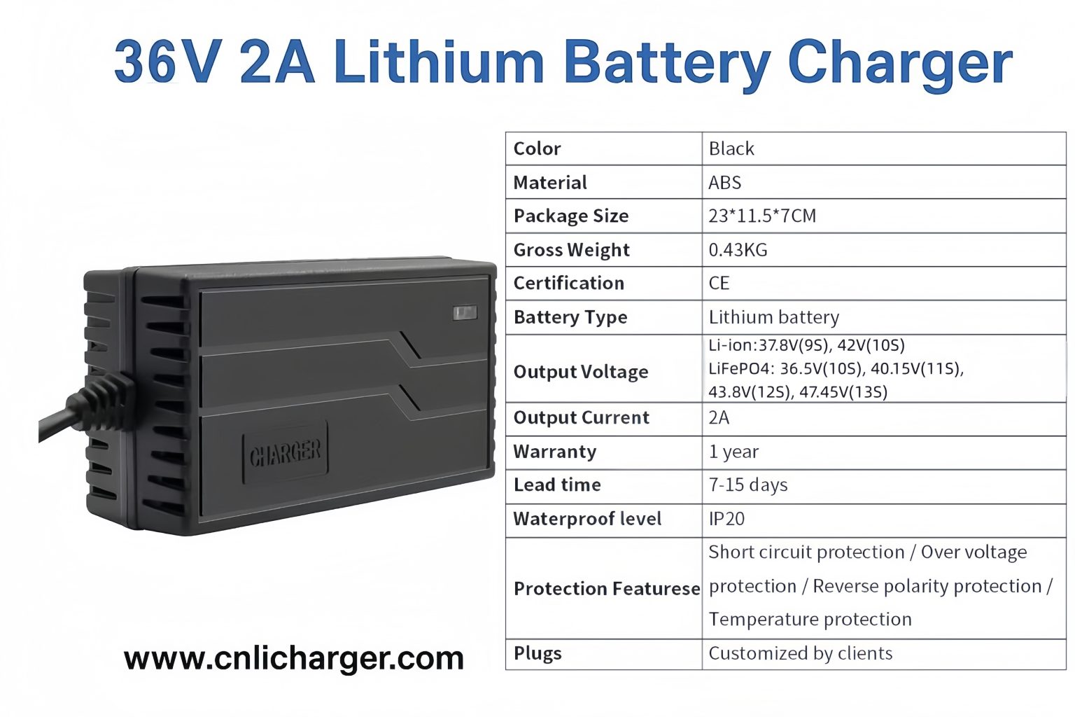 36V 2A lithium battery charger