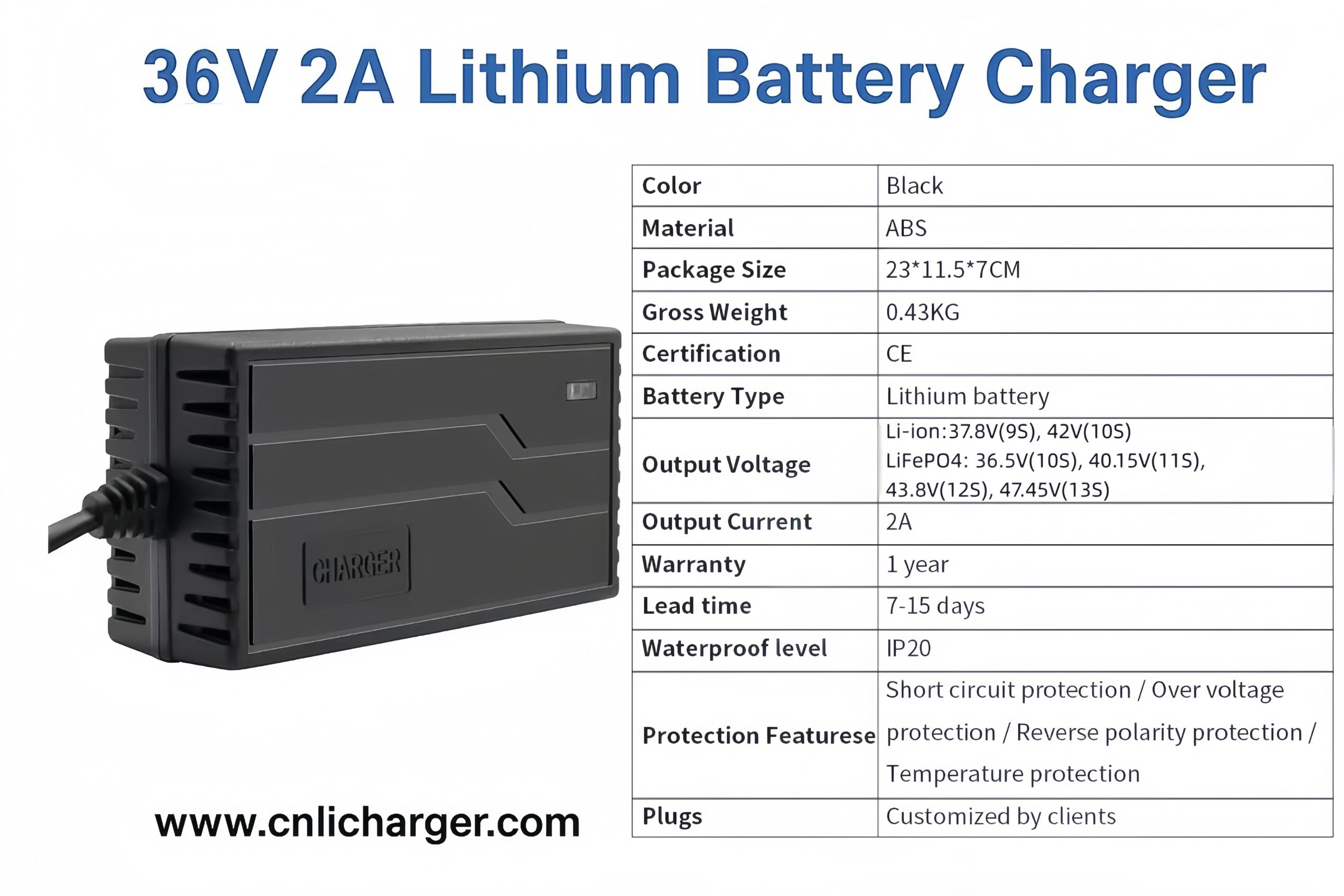 36V 2A Lithium Battery Charger Specification Parameters | CNLI Charger