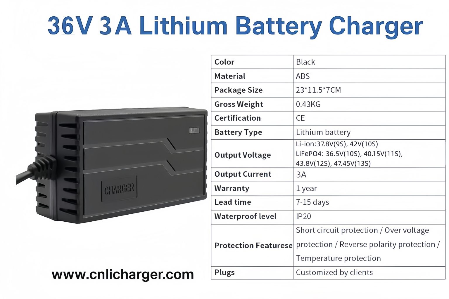 36V 3A lithium battery charger