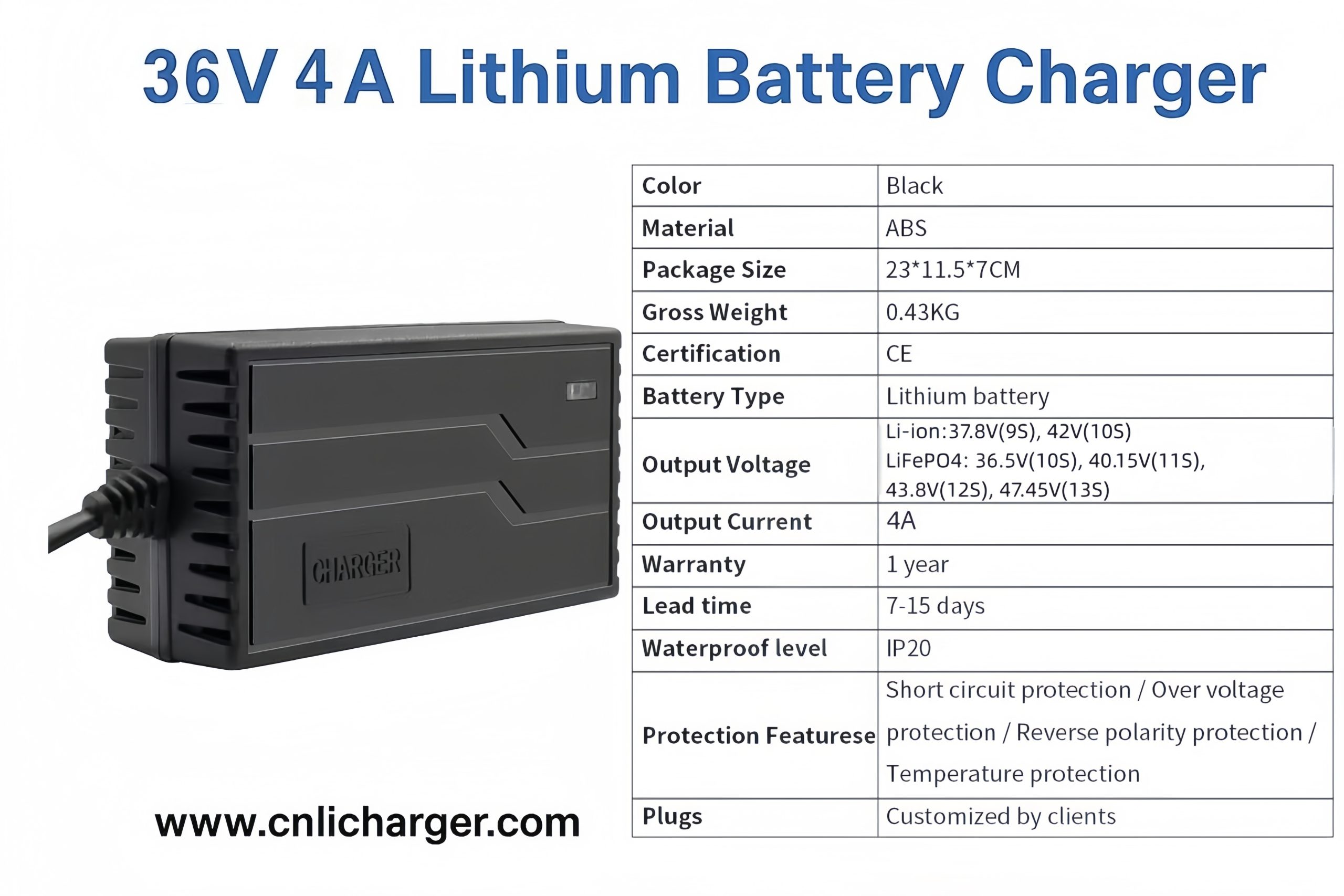 36V 4A Lithium Battery Charger Specification Parameters | CNLI Charger