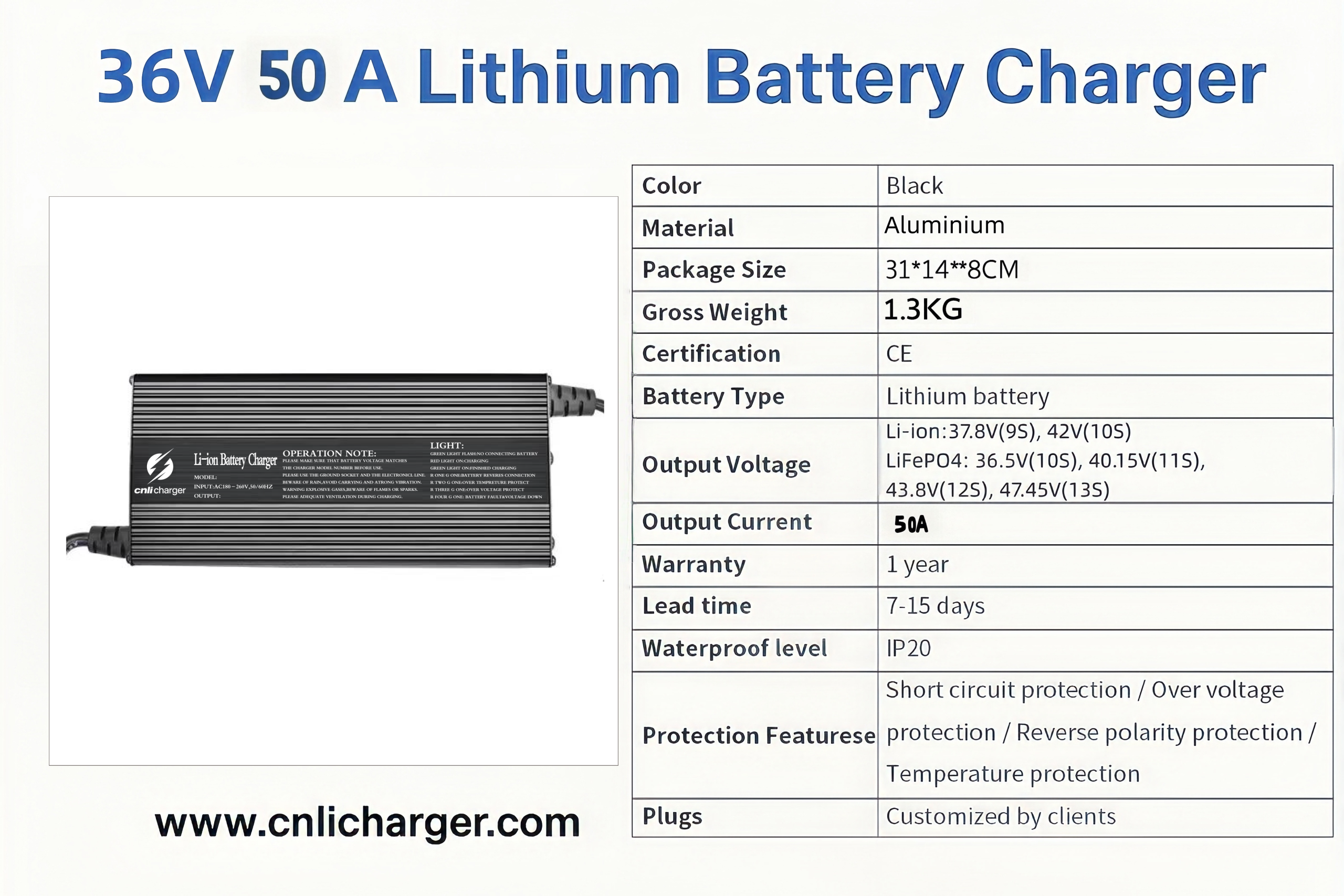 36V 50A Lithium Battery Charger Specification Parameters | CNLI Charger