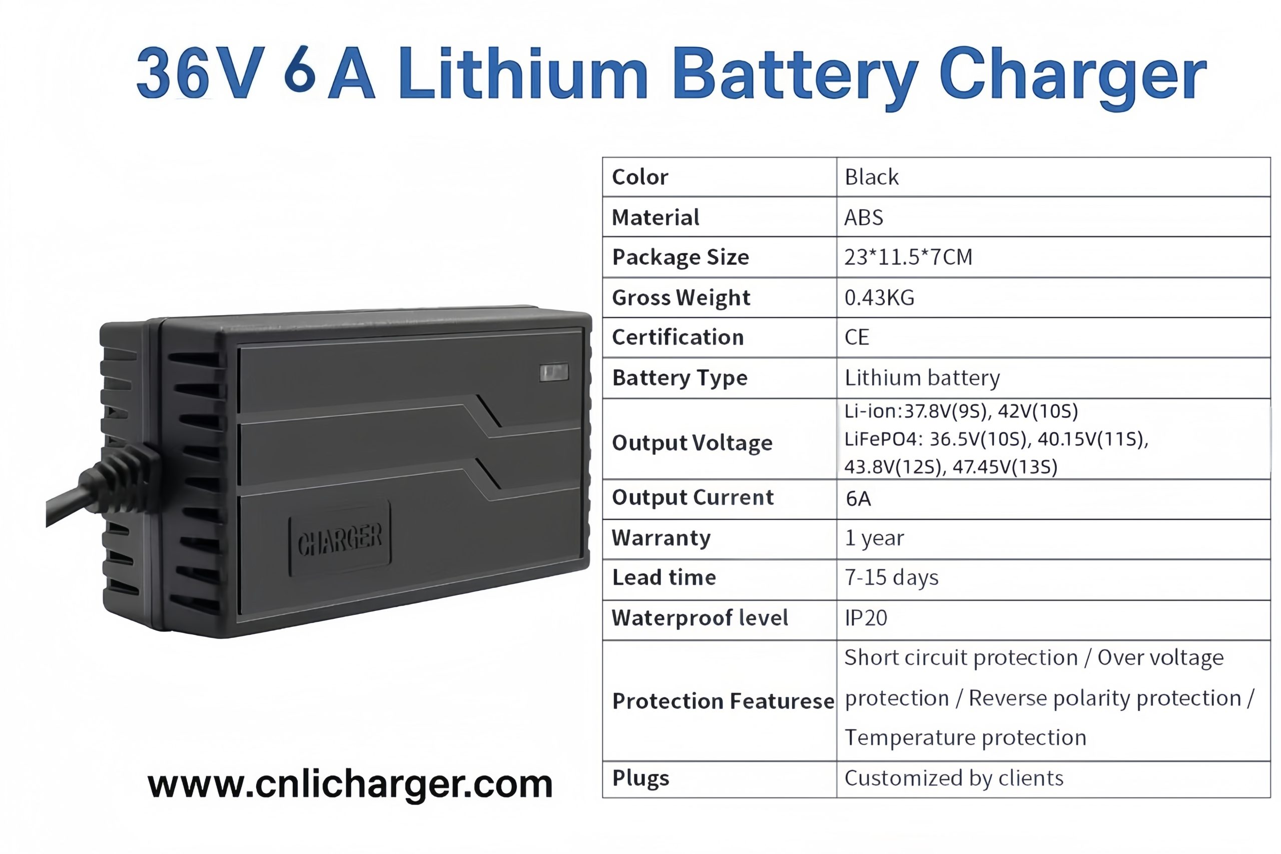36V 6A Lithium Battery Charger Specification Parameters | CNLI Charger