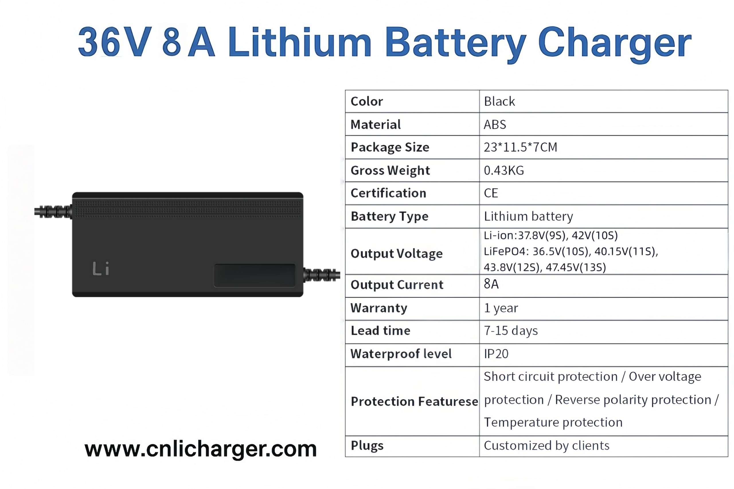36V 8A Lithium Battery Charger Specification Parameters | CNLI Charger