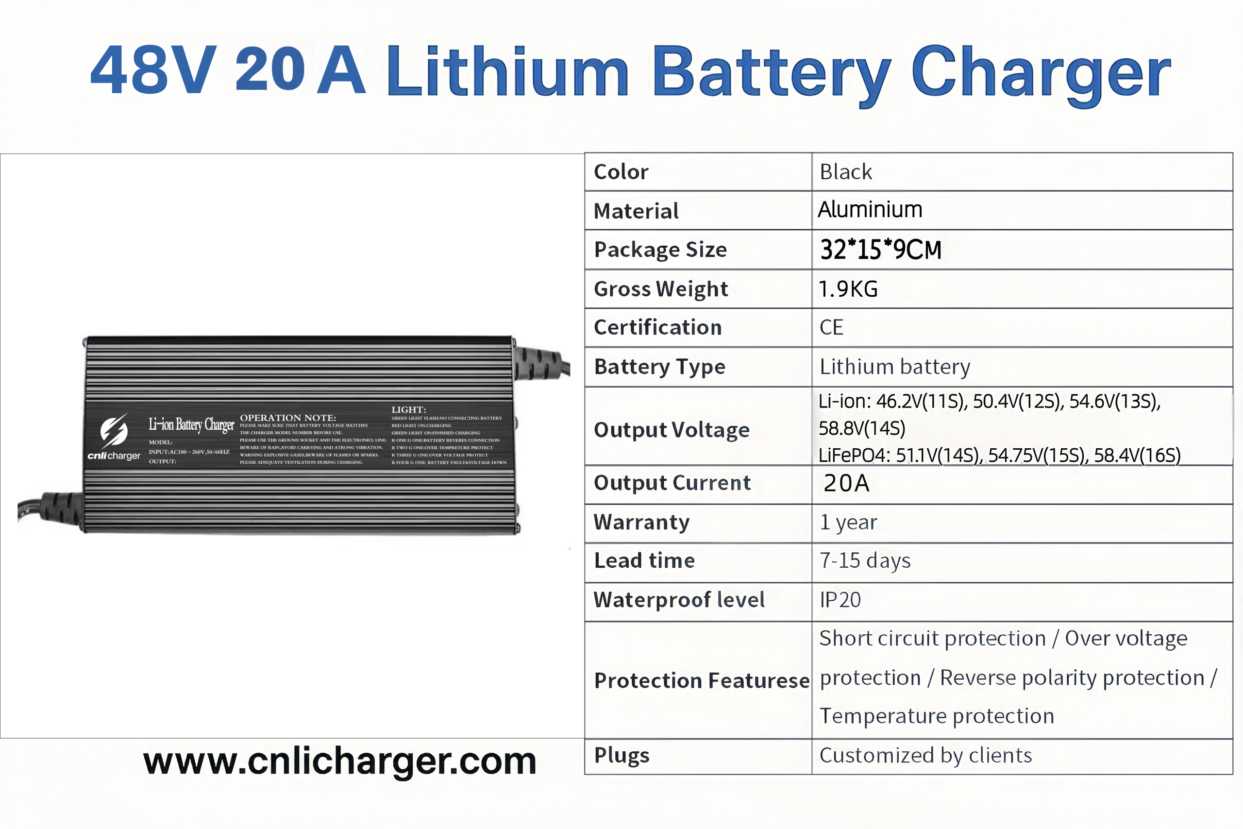 48V 20A Lithium Battery Charger Specification Parameters | CNLI Charger