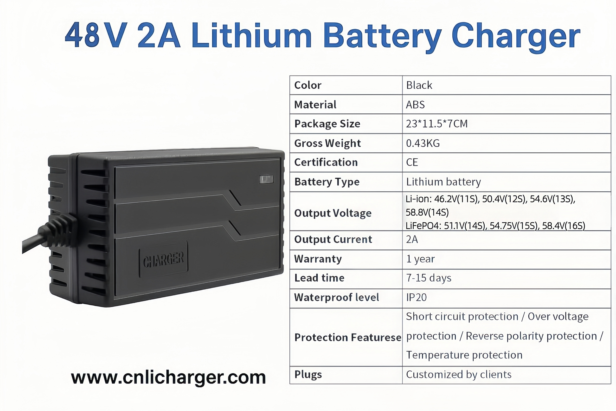 48V 2A Lithium Battery Charger Specification Parameters | CNLI Charger