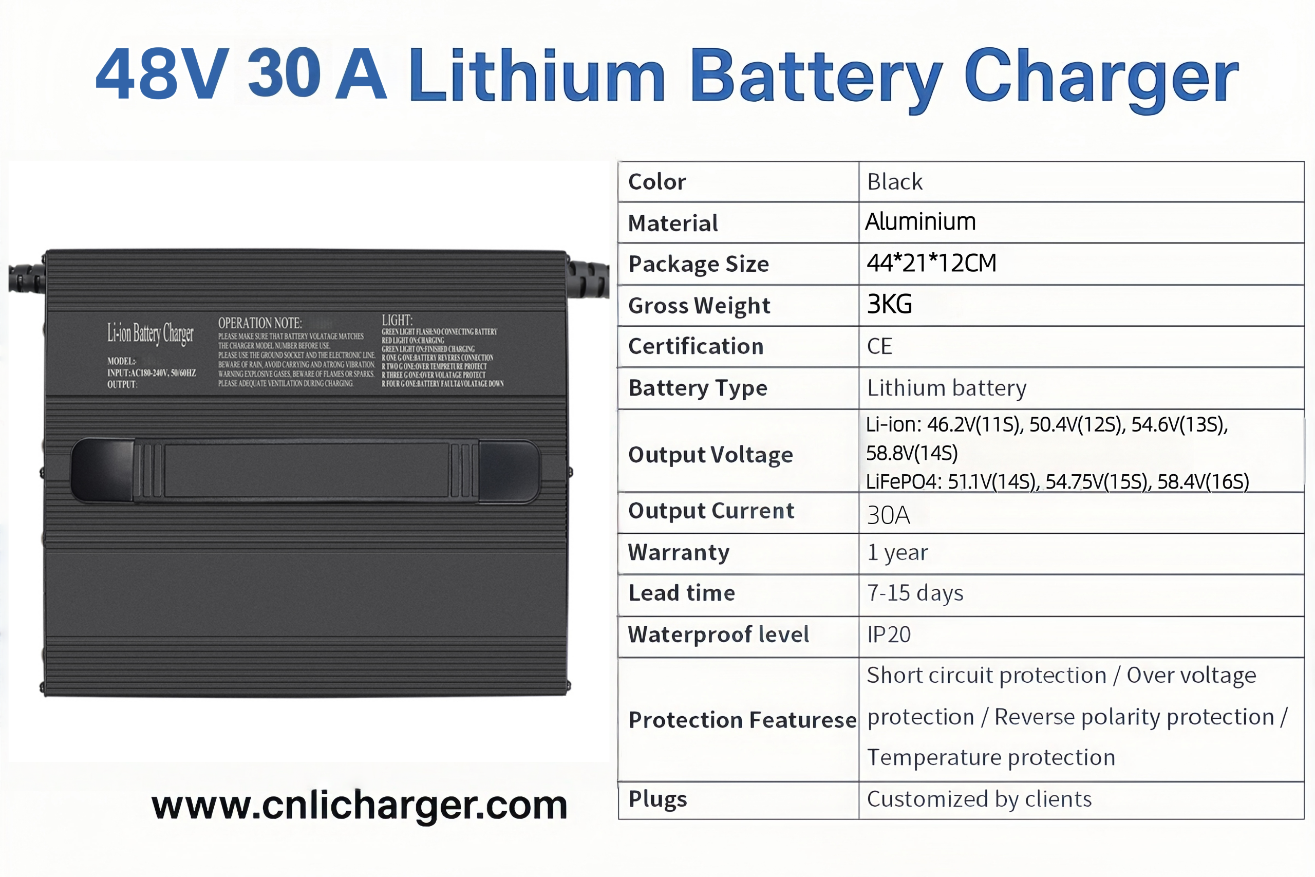 48V 30A Lithium Battery Charger Specification Parameters | CNLI Charger