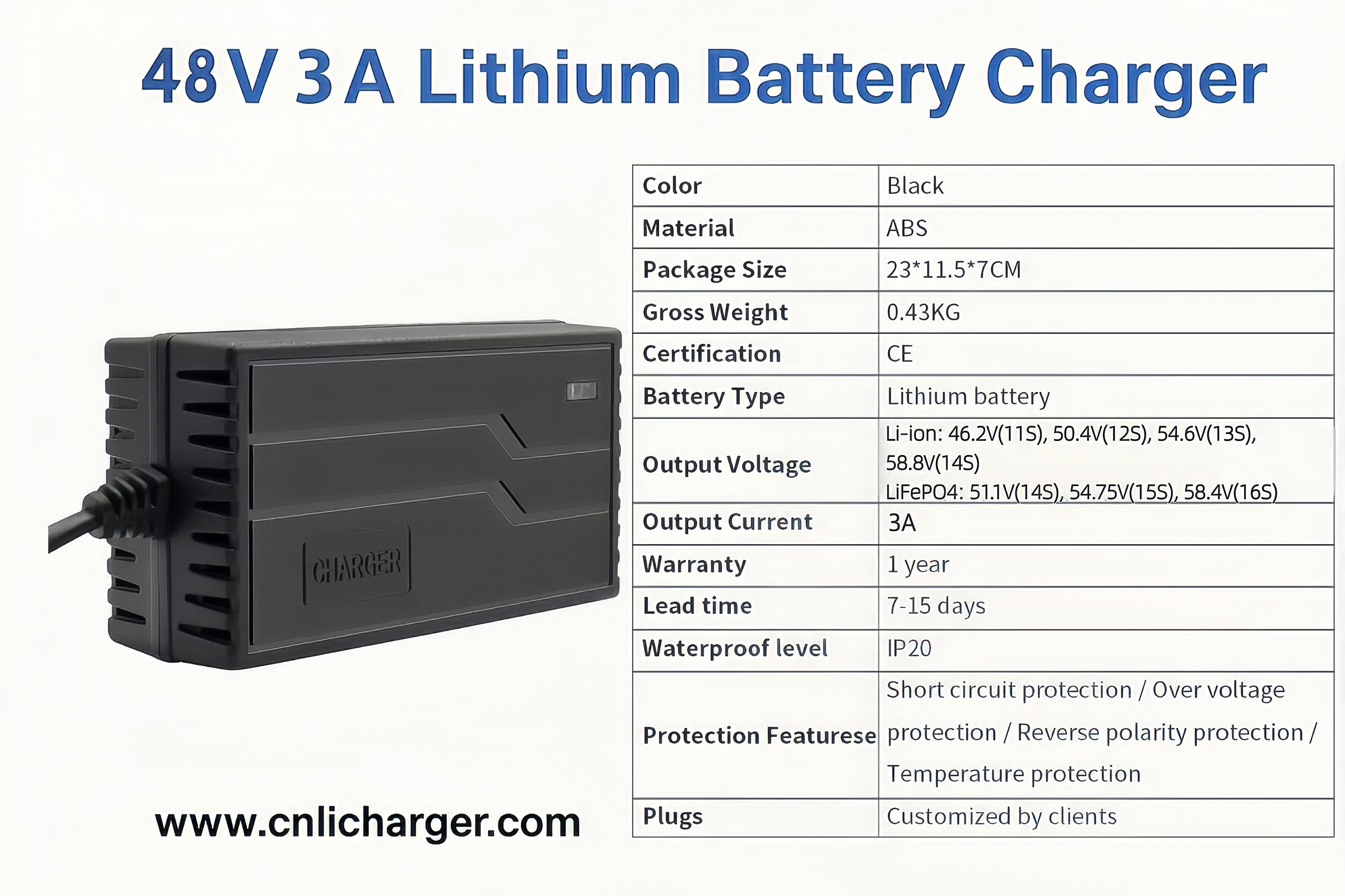 48V 3A Lithium Battery Charger Specification Parameters | CNLI Charger