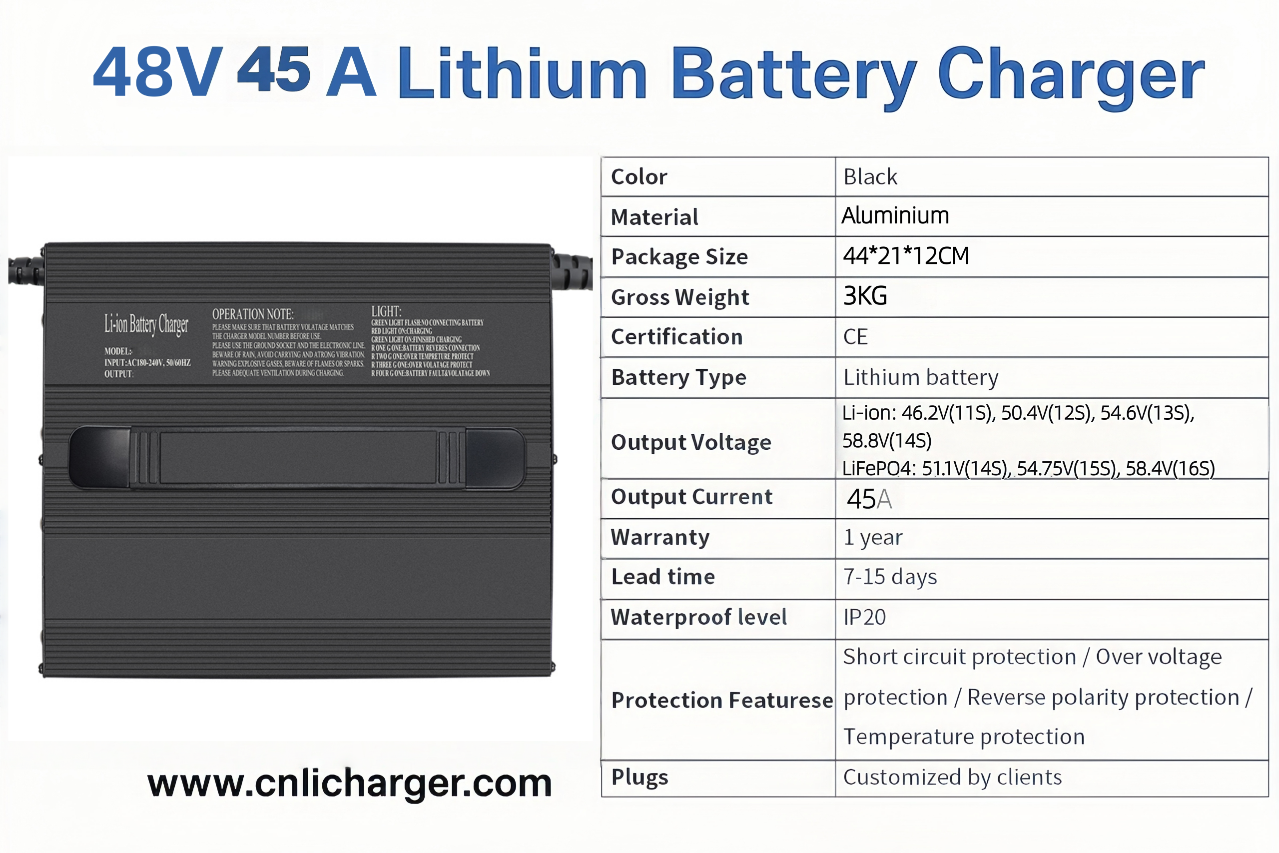 48V 45A Lithium Battery Charger Specification Parameters | CNLI Charger