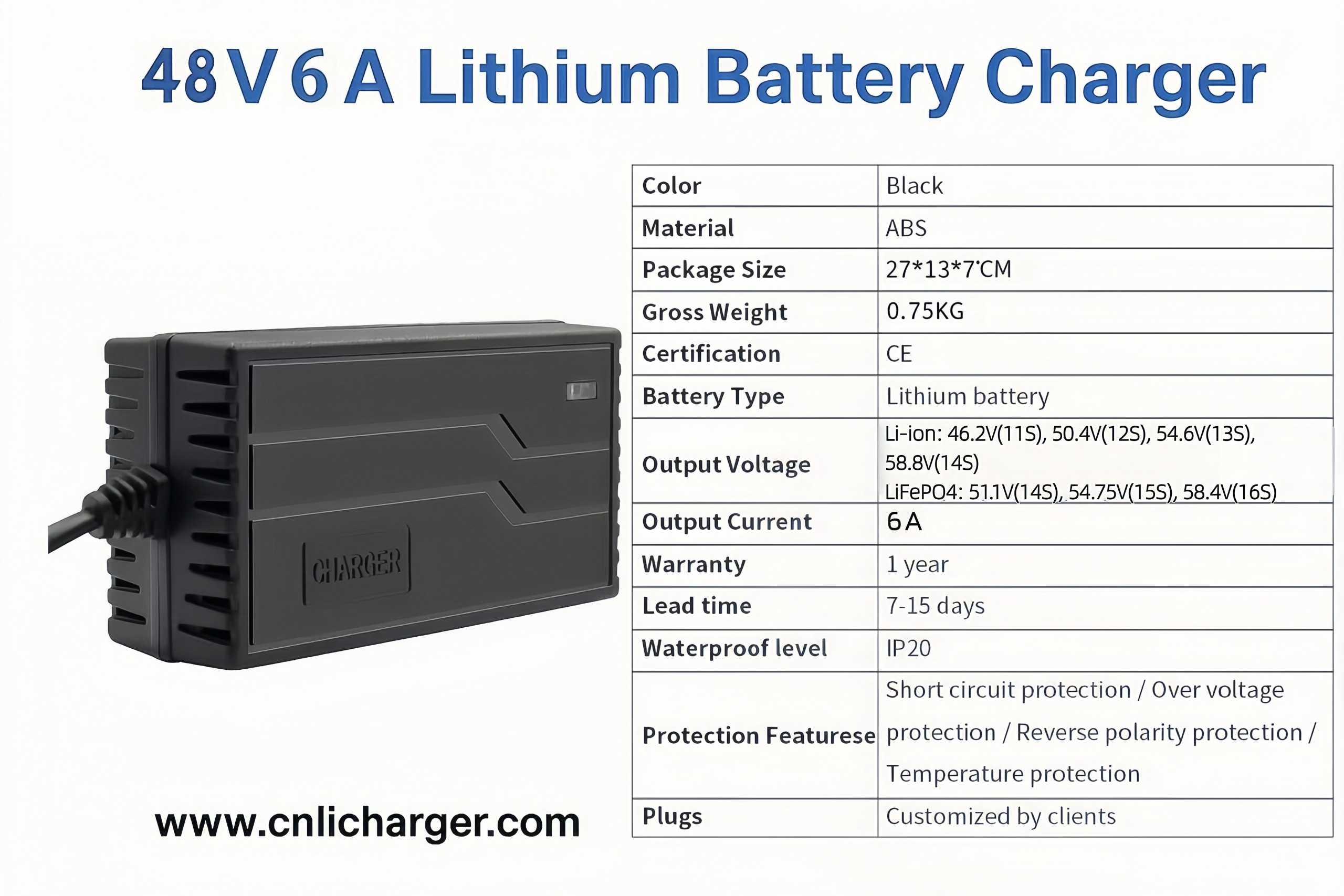 48V 6A Lithium Battery Charger Specification Parameters | CNLI Charger