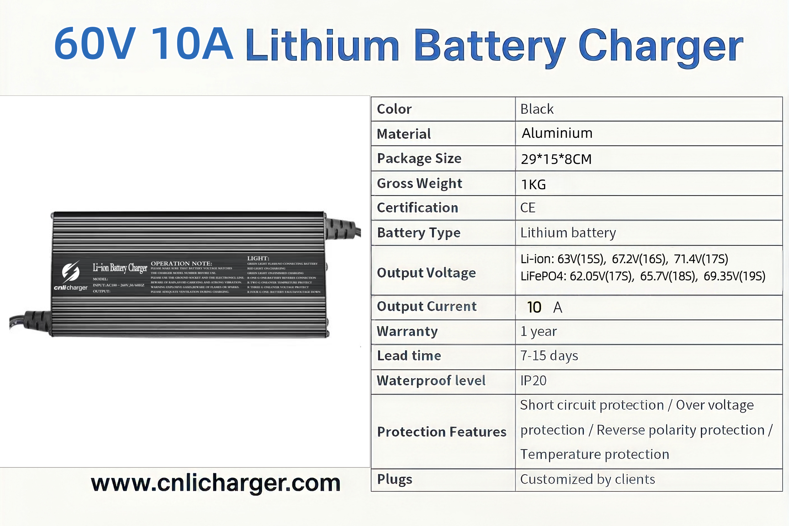 60V 10A Lithium Battery Charger Specification Parameters | CNLI Charger