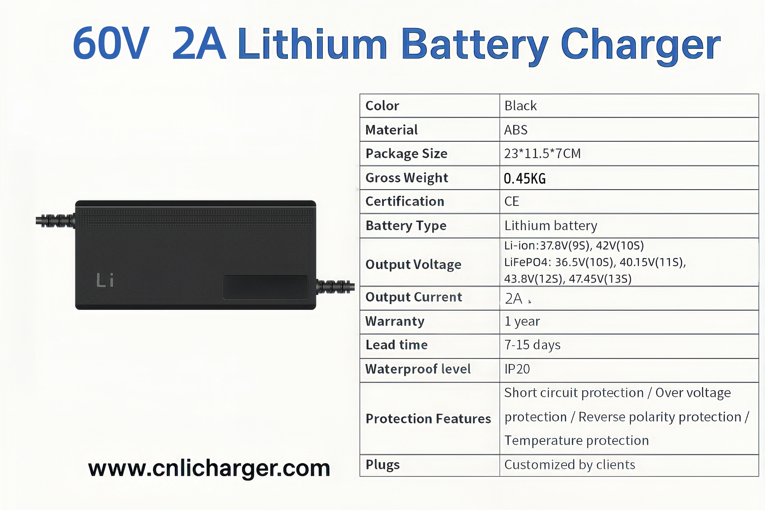 60V 2A Lithium Battery Charger Specification Parameters | CNLI Charger