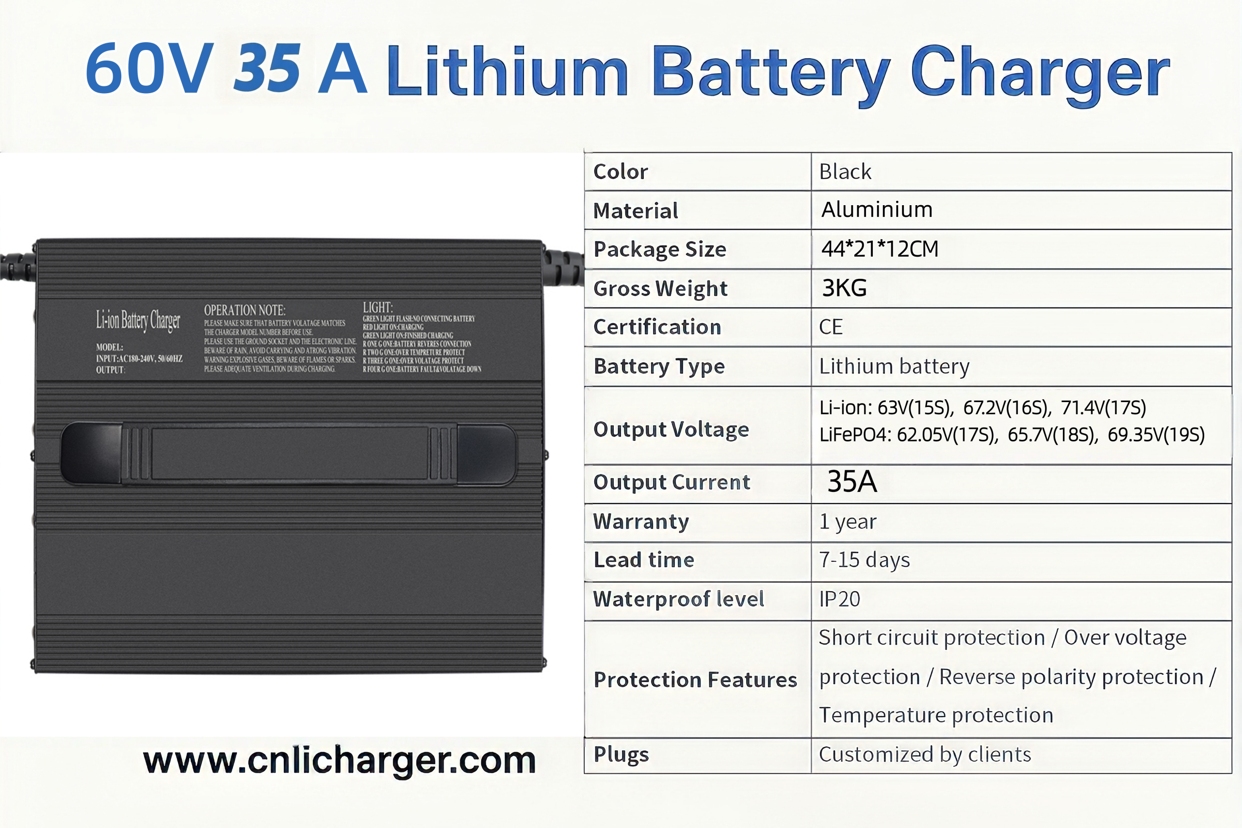 60V 35A Lithium Battery Charger Specification Parameters | CNLI Charger