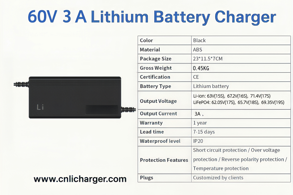 60V 3A Lithium Battery Charger Specification Parameters | CNLI Charger