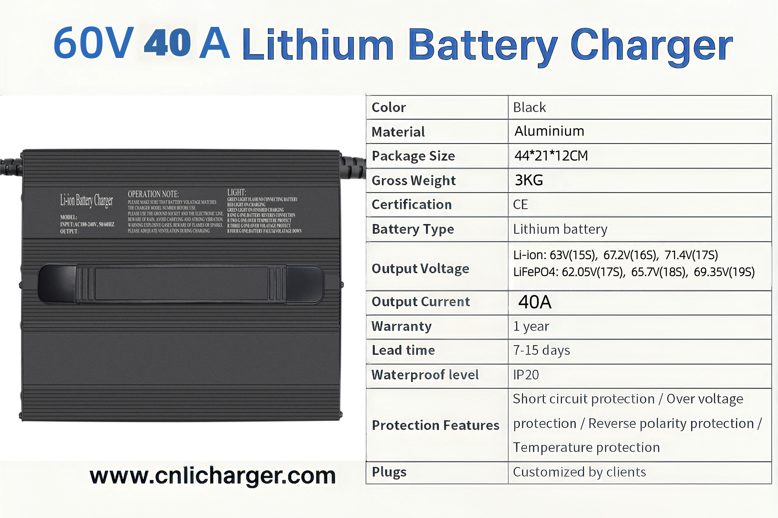 60V 40A Lithium Battery Charger Specification Parameters | CNLI Charger