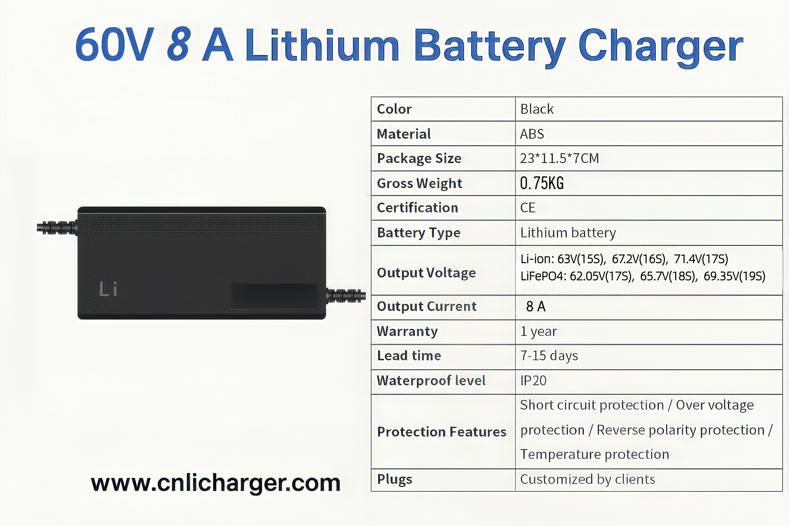 60V 8A Lithium Battery Charger Specification Parameters | CNLI Charger