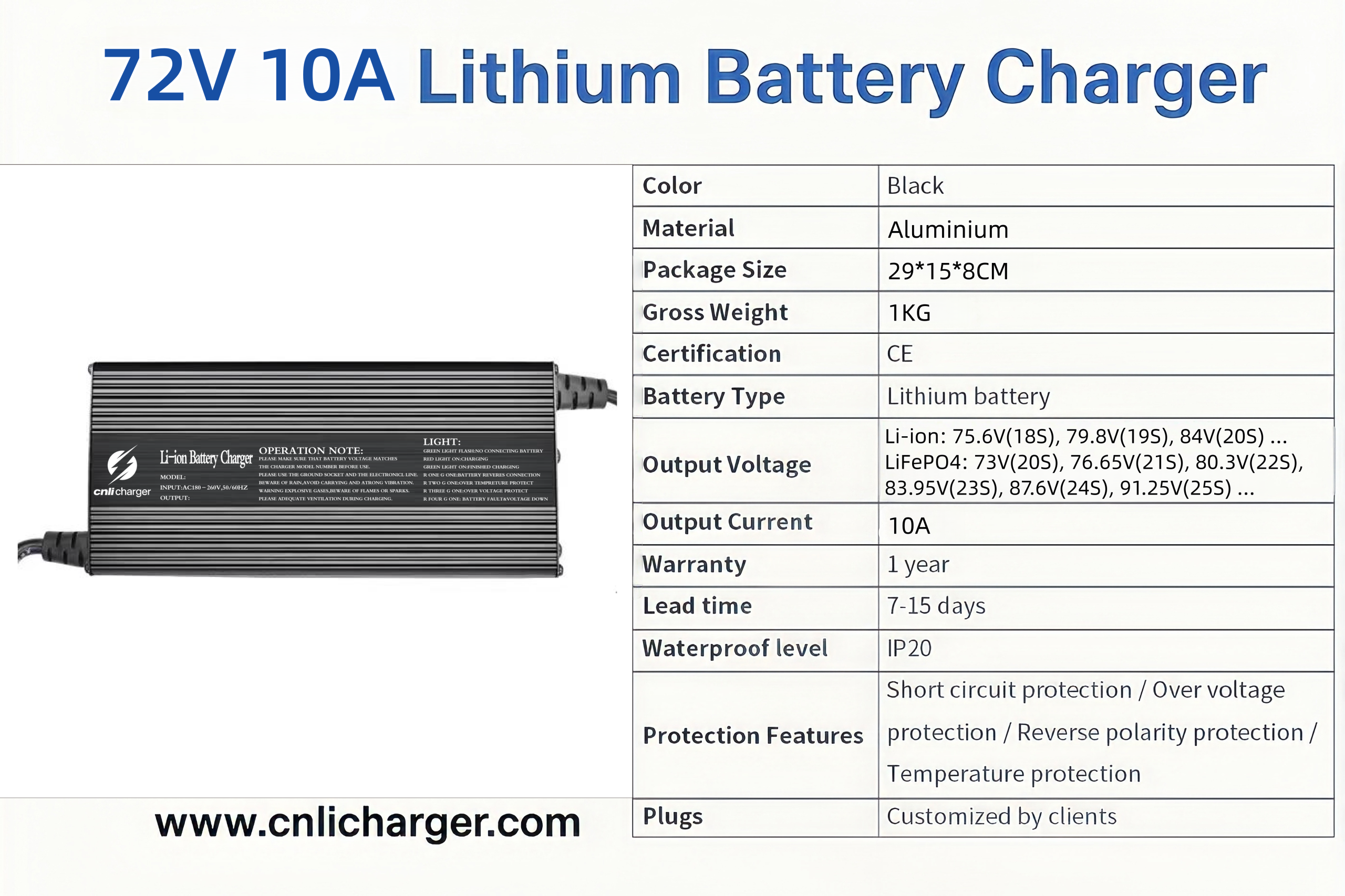 72V 10A Lithium Battery Charger Specification Parameters | CNLI Charger