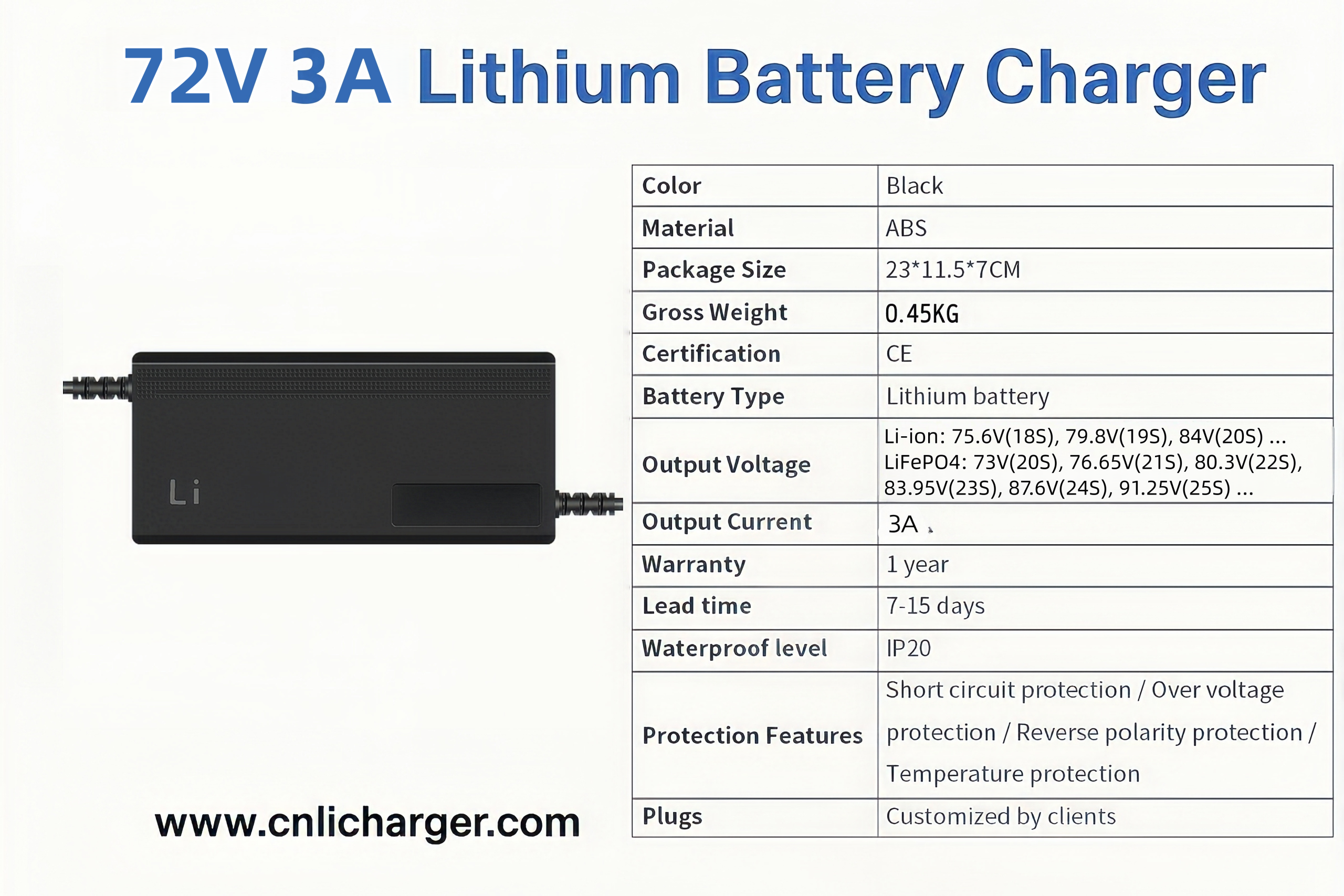 72V 3A Lithium Battery Charger Specification Parameters | CNLI Charger