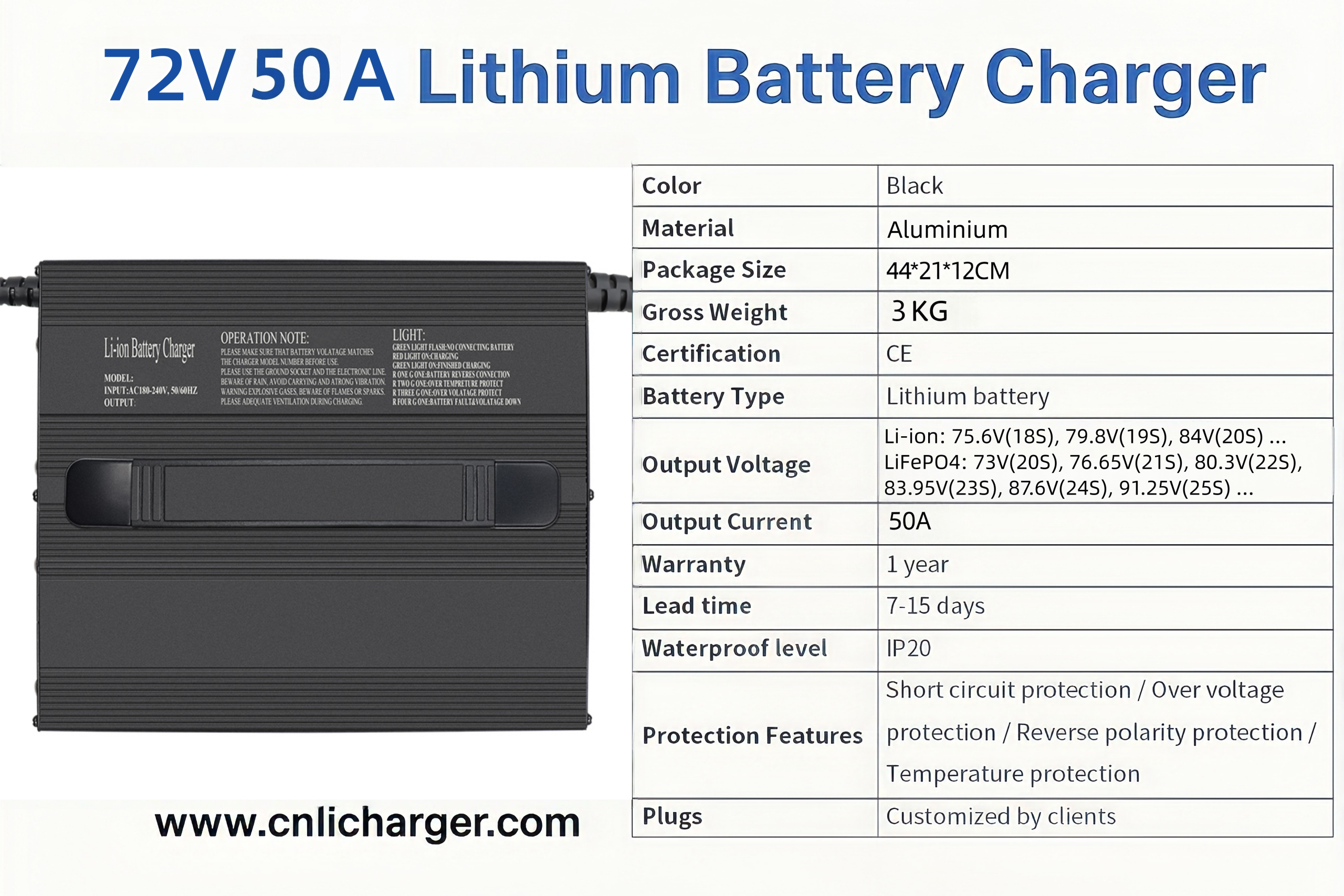 72V 50A Lithium Battery Charger Specification Parameters | CNLI Charger