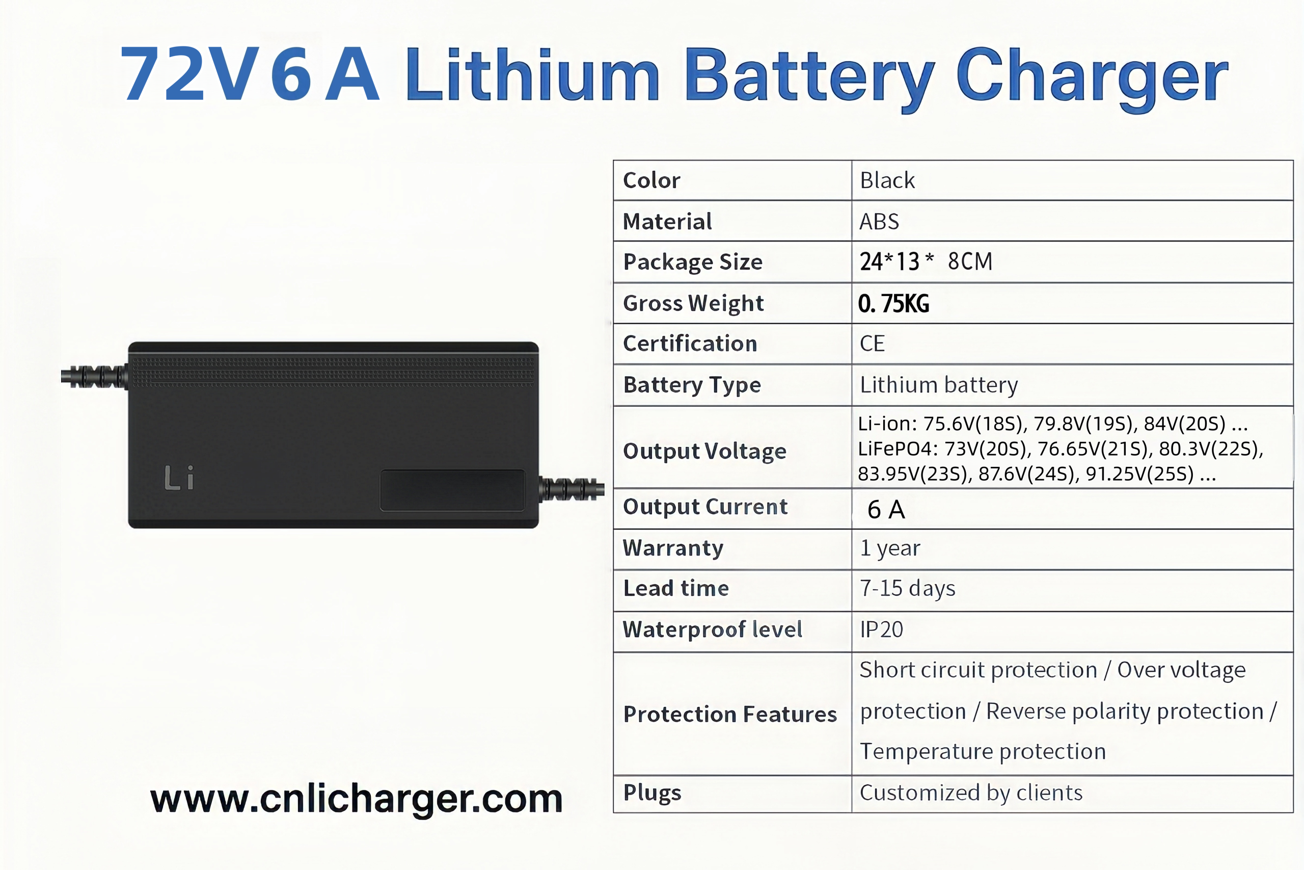 72V 6A Lithium Battery Charger Specification Parameters | CNLI Charger