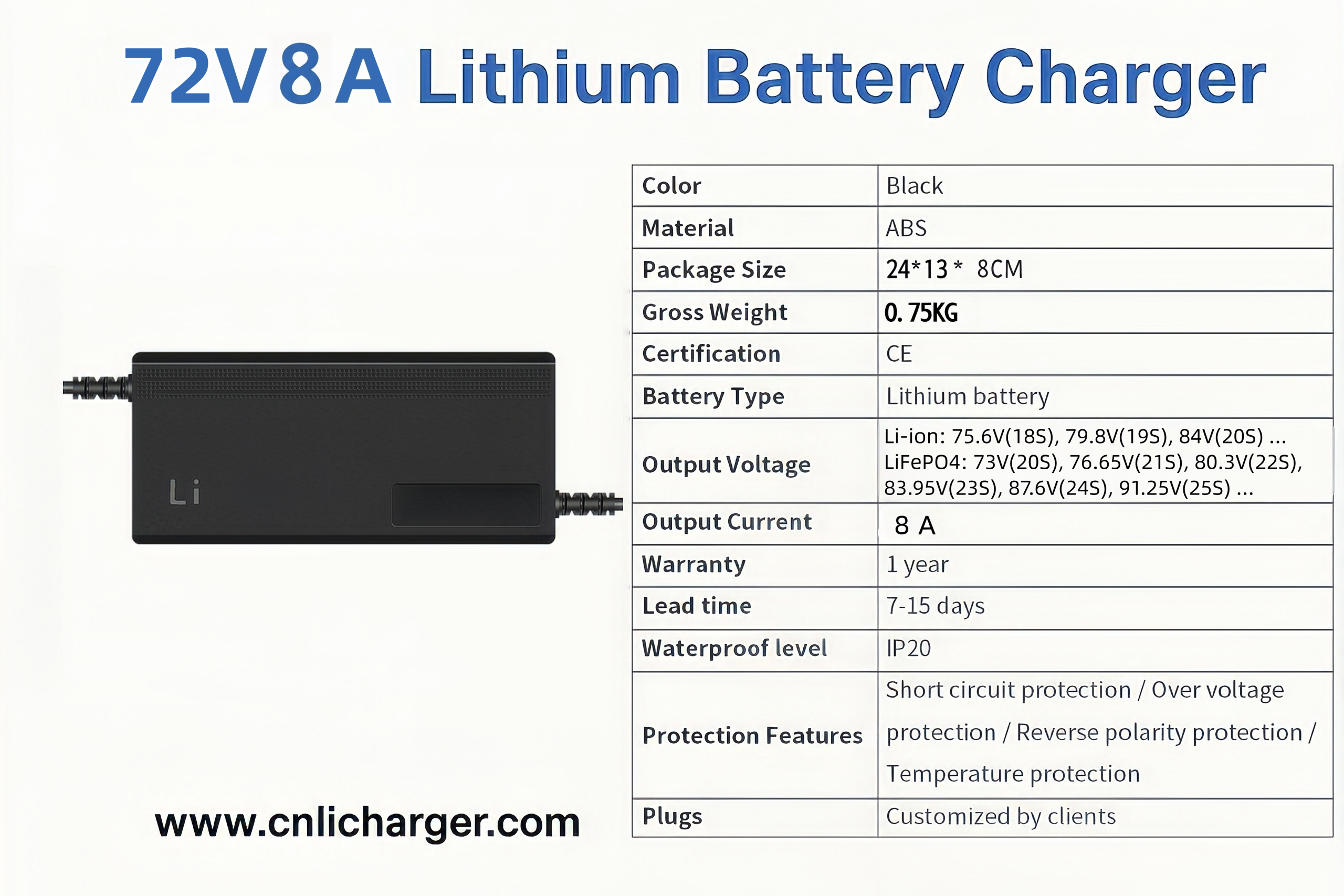 72V 8A Lithium Battery Charger Specification Parameters | CNLI Charger