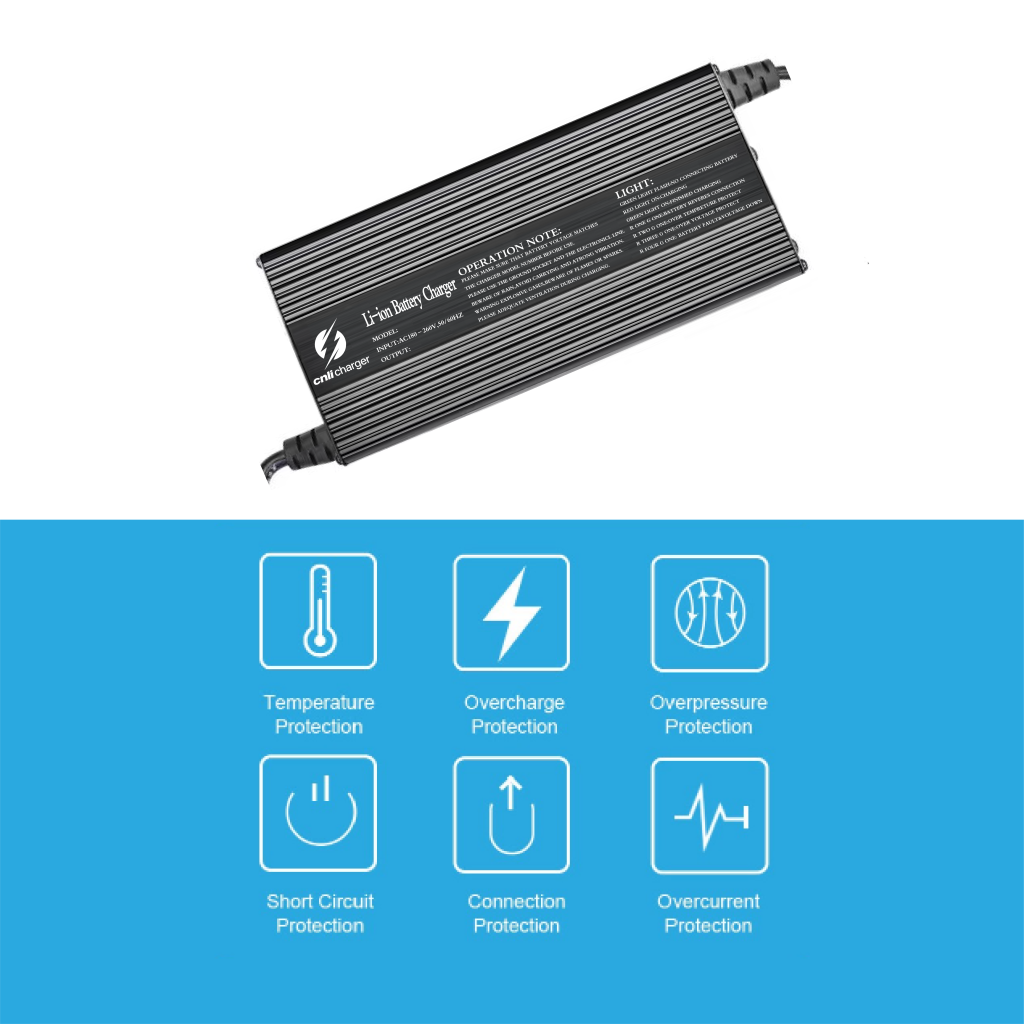Smart Battery Charger with Multiple Protection Features 3 Lithium and lead acid battery charger with temperature protection, overcharge protection, overvoltage protection, short circuit protection, connection protection, and overcurrent protection.