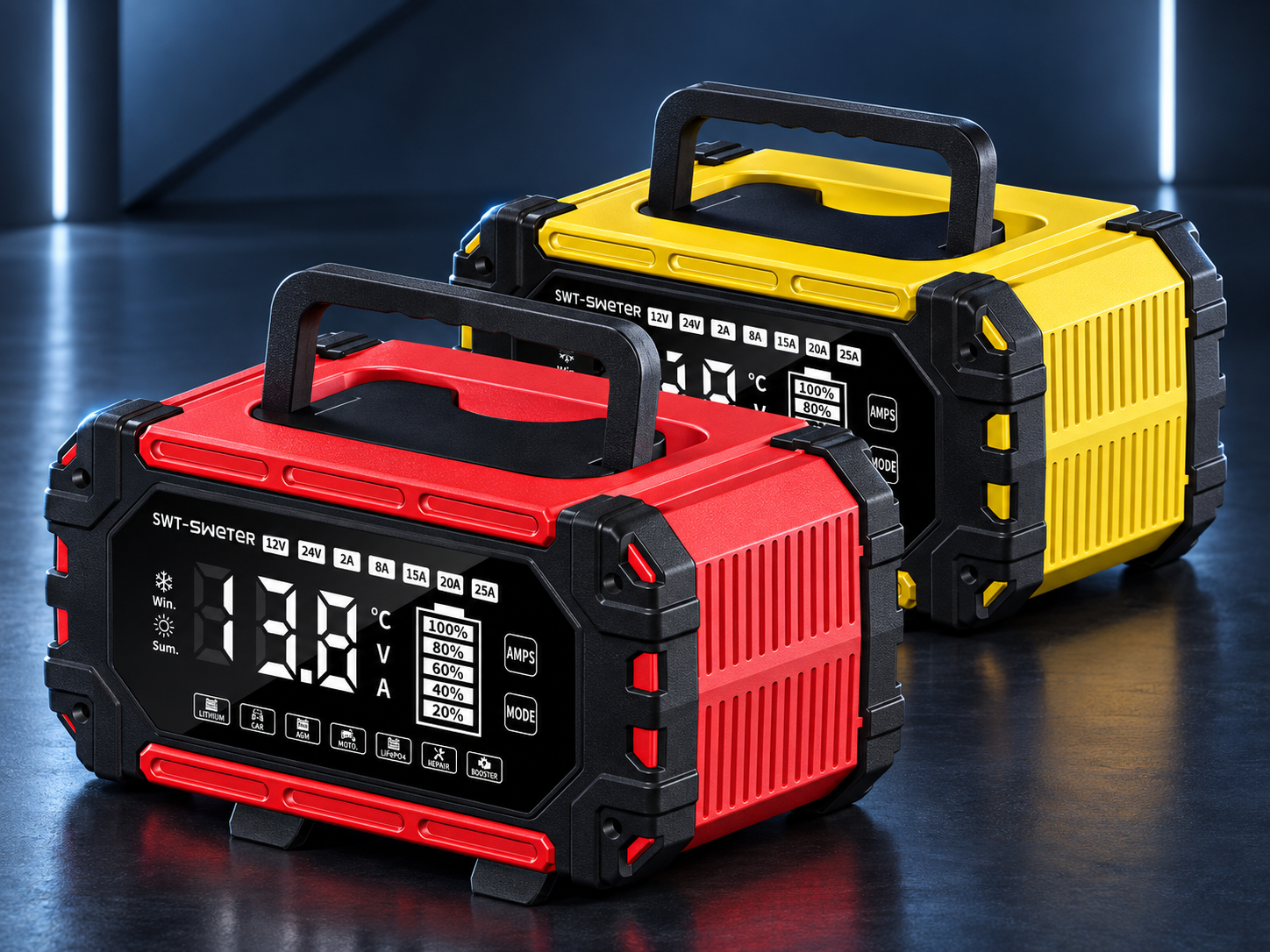 SWT-2025 12V 25A 24V 15A smart battery chargers in red and yellow with carry handles